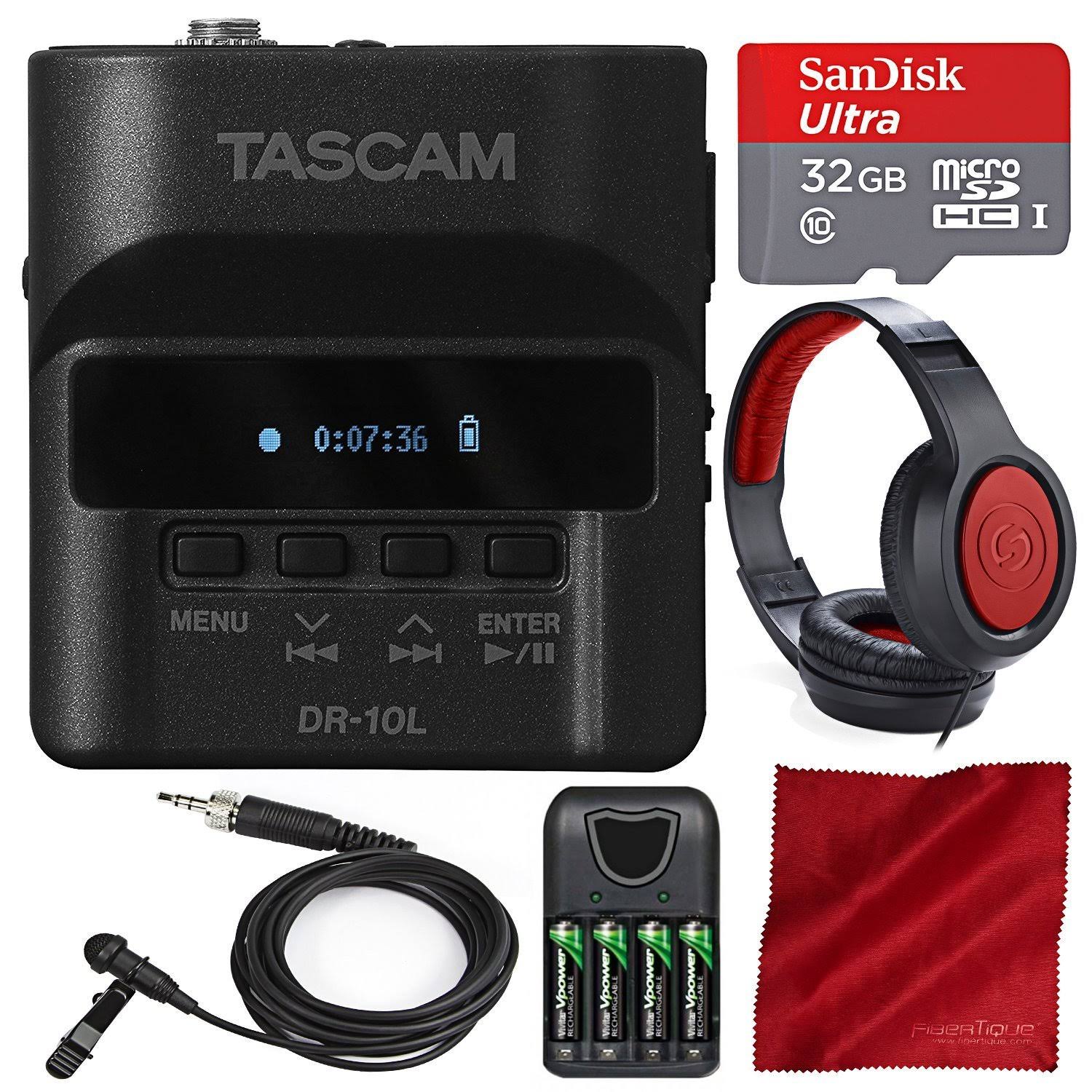 Tascam DR10L Digital Audio Recorder and Lavalier Mic with 32GB SD Card, Samson Headphones, and