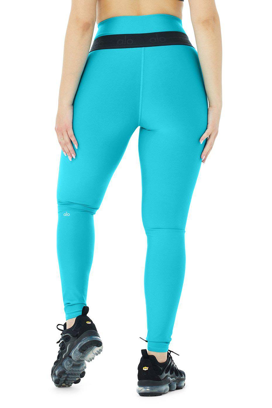 Alo Yoga HighWaist Fitness Legging in Bright Aqua/Black, Size Small My Leather Swear