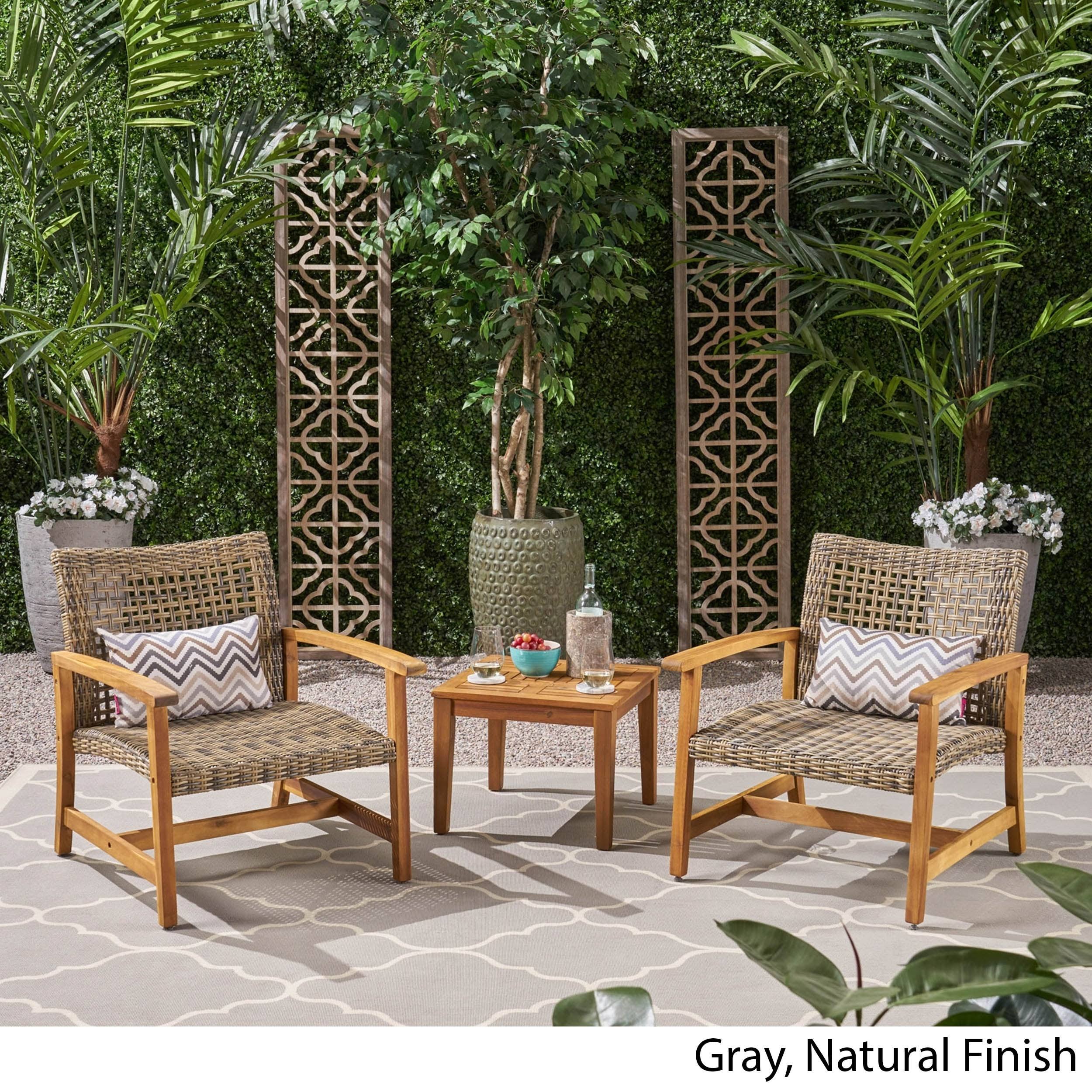 Hampton Outdoor 3 Piece Wood and Wicker Club Chairs and Side Table Set