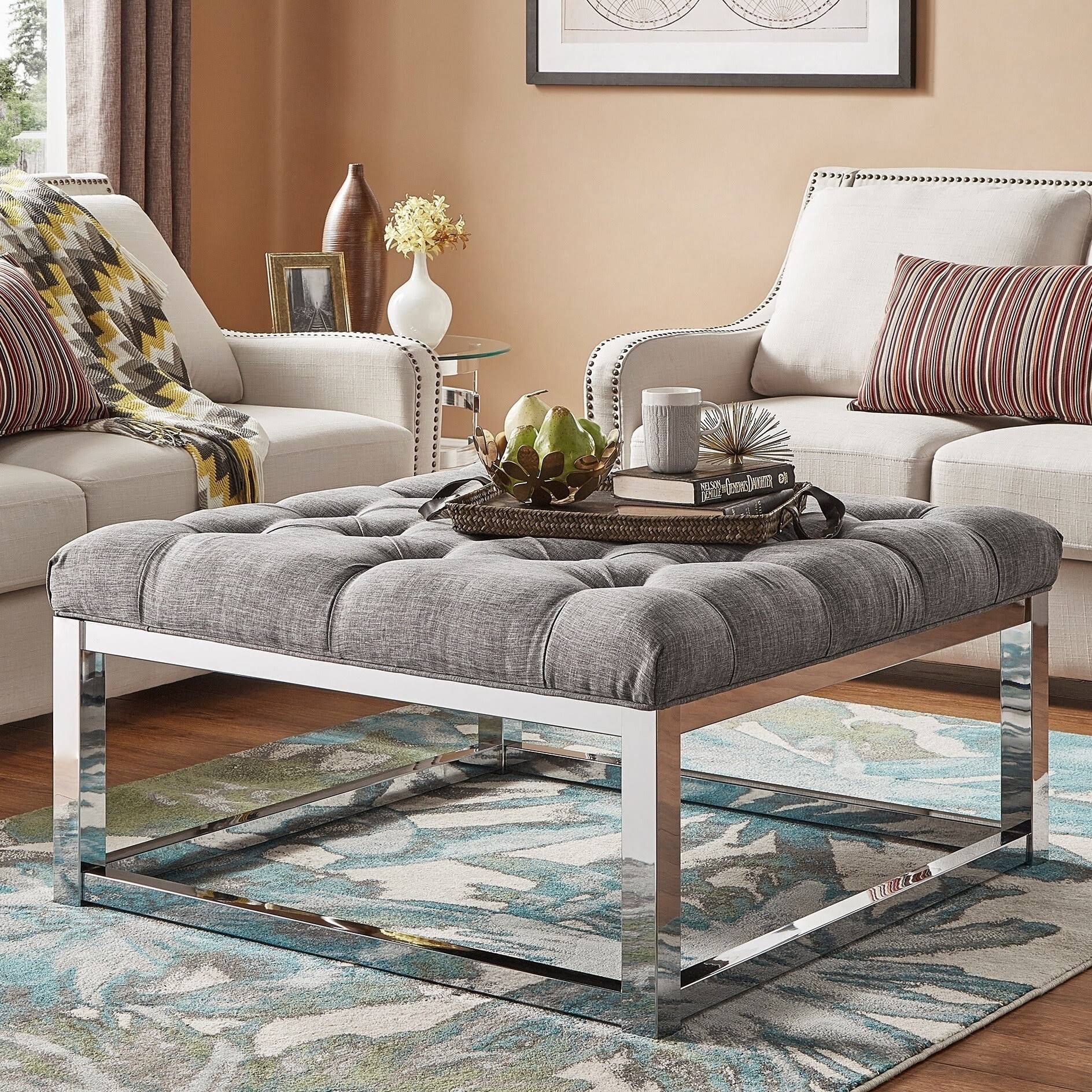 Inspire Q Solene Square Base Ottoman Coffee Table Chrome by Grey