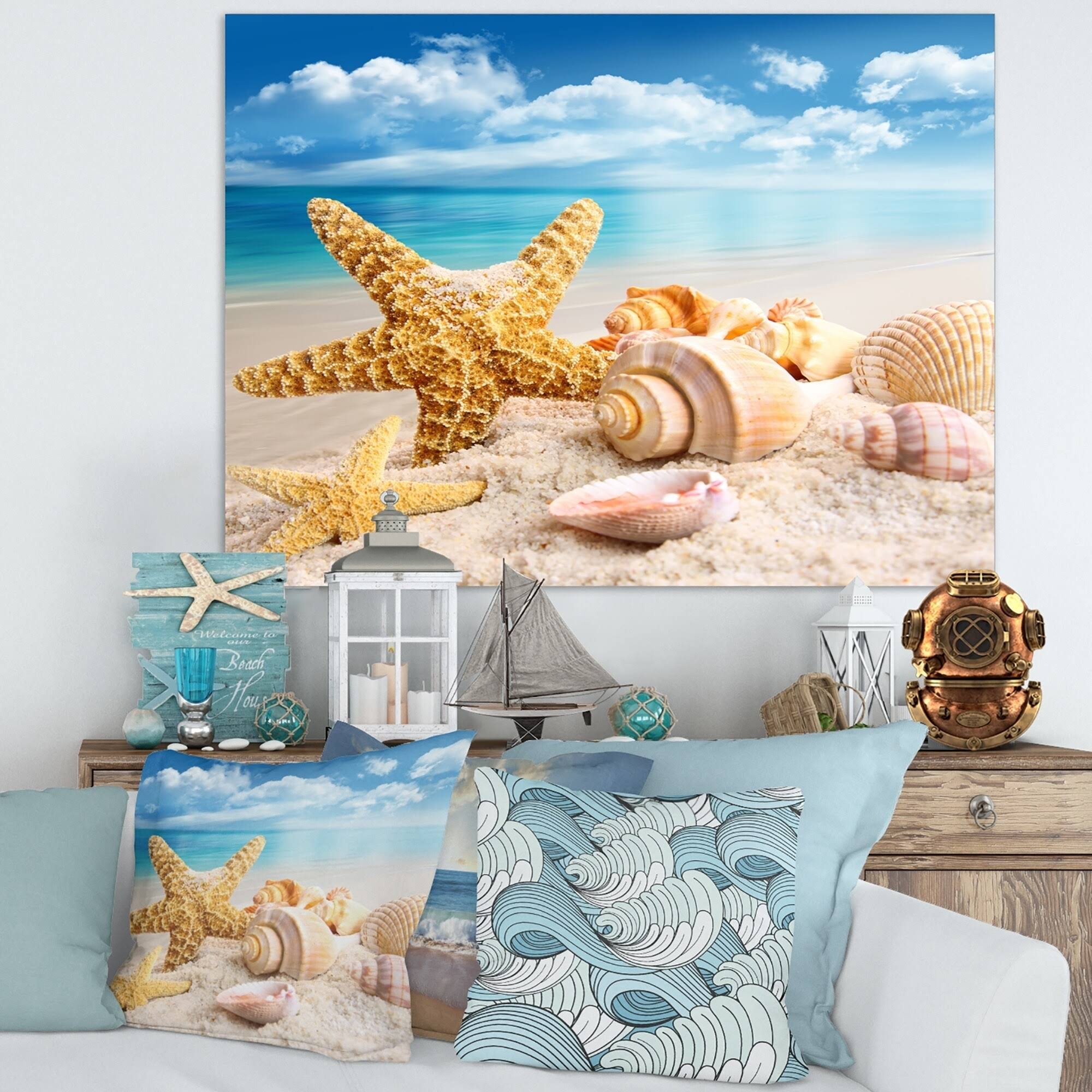 Designart Starfish and Seashells on Beach Canvas Art Print - 40