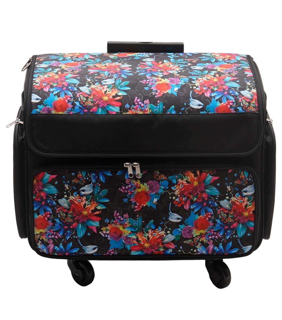 13 x 18 Floral & Butterfly on Black Rolling Sewing Storage Tote by Top Notch
