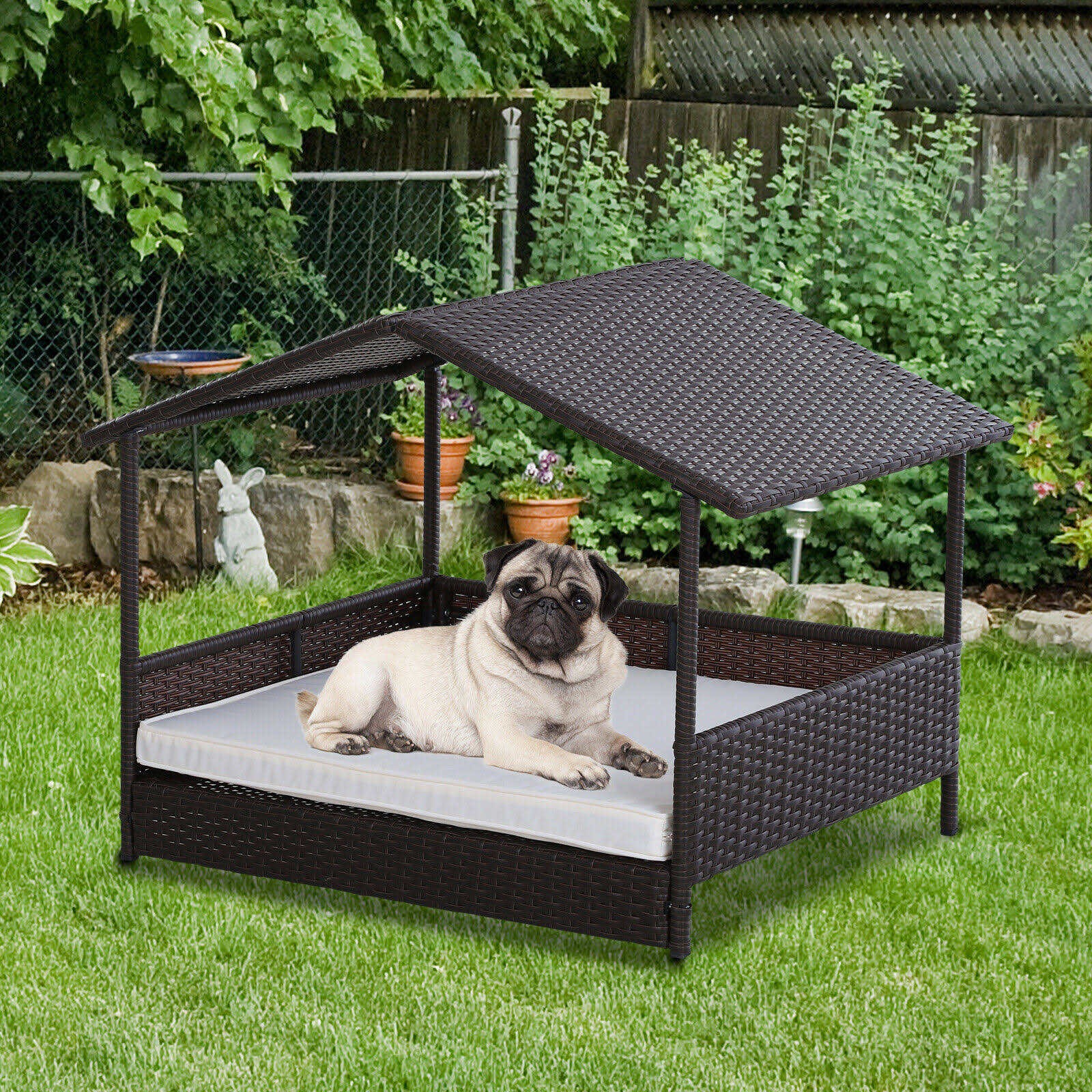 PawHut Wicker Dog House Raised Rattan Bed for Indoor/Outdoor with ...