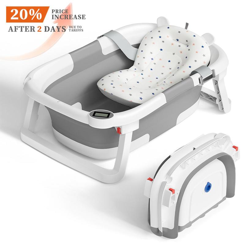 Napei Collapsible Baby Bathtub with Real-Time Temp Monitor, Floating Cushion, Foldable Baby Bath Tub Set for Newborns & Toddlers