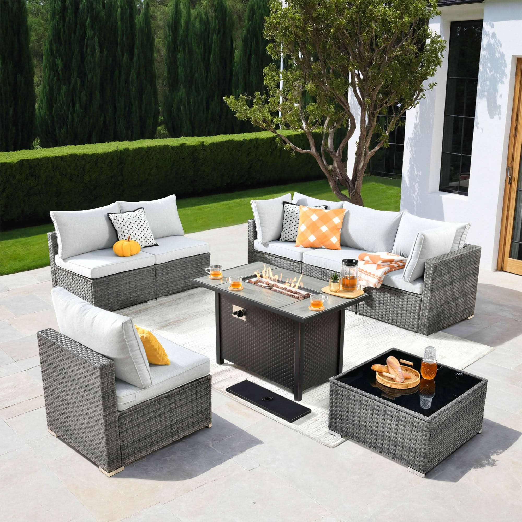Ovios Outdoor 8 Piece Patio Furniture Set with Fire Pit Table,Conversation Sectional Wicker Couch with Coffee Table