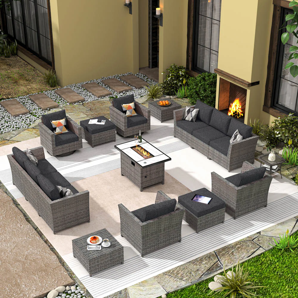 Ovios New Rimaru Series Patio Furniture Set 15-Piece include Swivel Chairs and 42