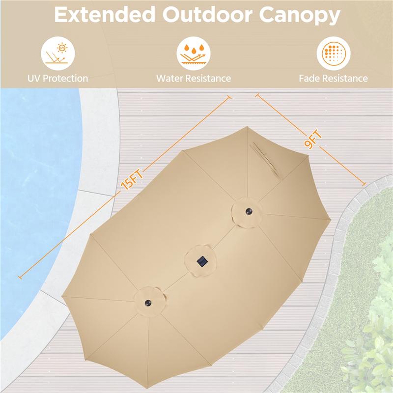【Solar LED Lights Umbrella】Yaheetech 15/13ft Large Patio Umbrella, Outdoor Double-Sided Rectangle Umbrella with 36 LED Lights & Crank for Patio Garden Pool Lawn Backyard, Base Included
