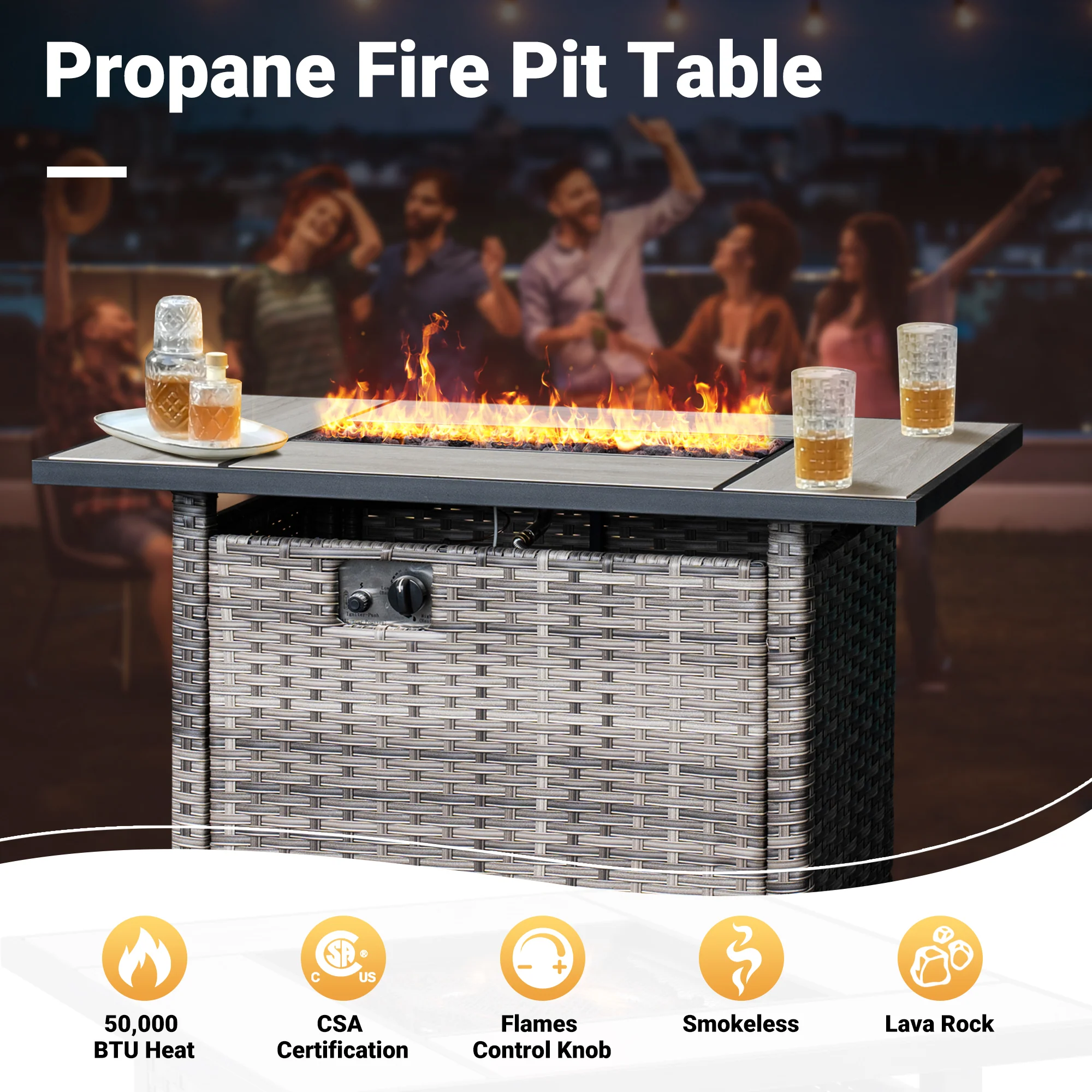 Ovios Patio Vultros 7-Piece Set With Swivel Chair and Rectangle 42'' Propane Fire Pit Table