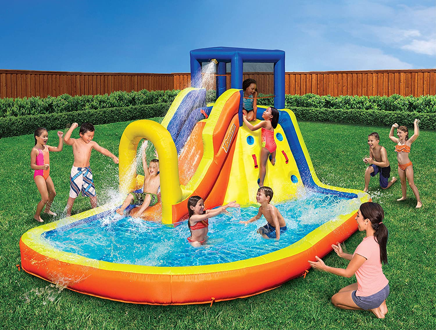 Inflatable Water Slide & Bounce House (Combo Pack) - Huge Heavy Duty Outdoor Kids Adventure Park Pool with Built in Sprinkler Wave and Slide PLUS Large BONUS 12x9 Bounce House - FREE Blower Included