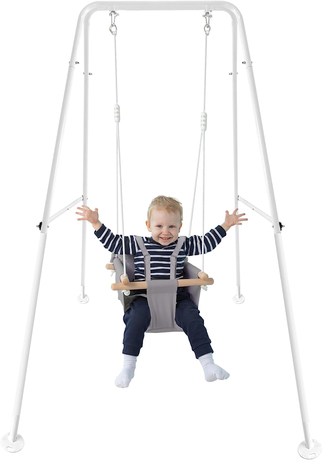 Canvas Baby Swing, Wooden Hanging Swing Seat Chair with Safety Belt, Durable Baby Hammock Chair, Outdoor and Indoor Swing for Kids, Mounting Hardware Included, Ivory