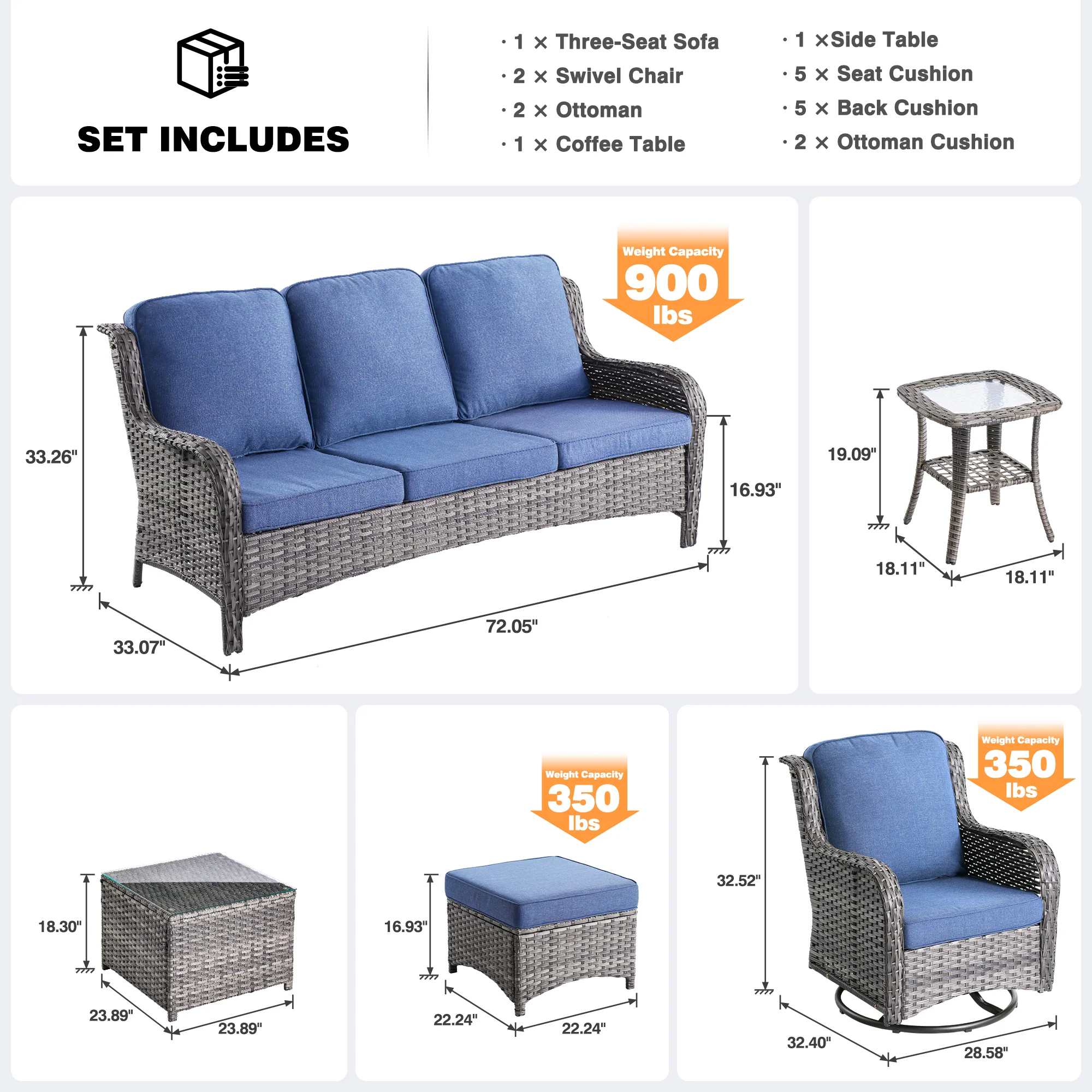 Ovios Patio Conversation Set 7-Piece with Swivel Chairs and Table Kenard