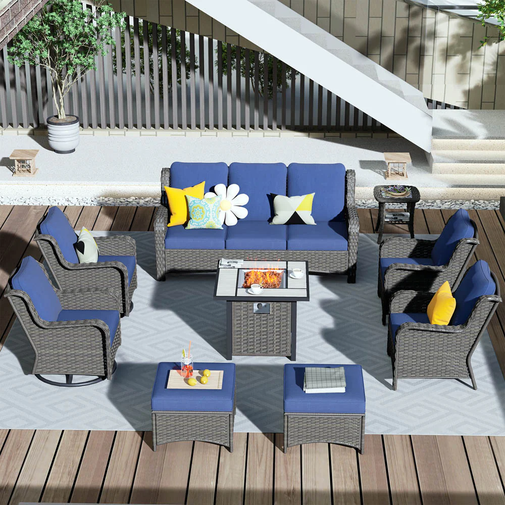 Ovios Outdoor Furniture 9-Piece with 30'' Fire Pit Table and Kenard 2 Rocking Chairs