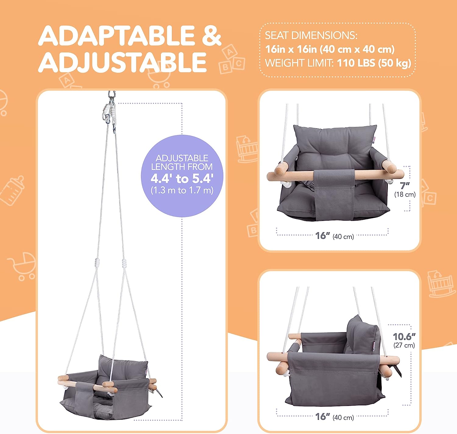 Canvas Baby Swing, Wooden Hanging Swing Seat Chair with Safety Belt, Durable Baby Hammock Chair, Outdoor and Indoor Swing for Kids, Mounting Hardware Included, Ivory