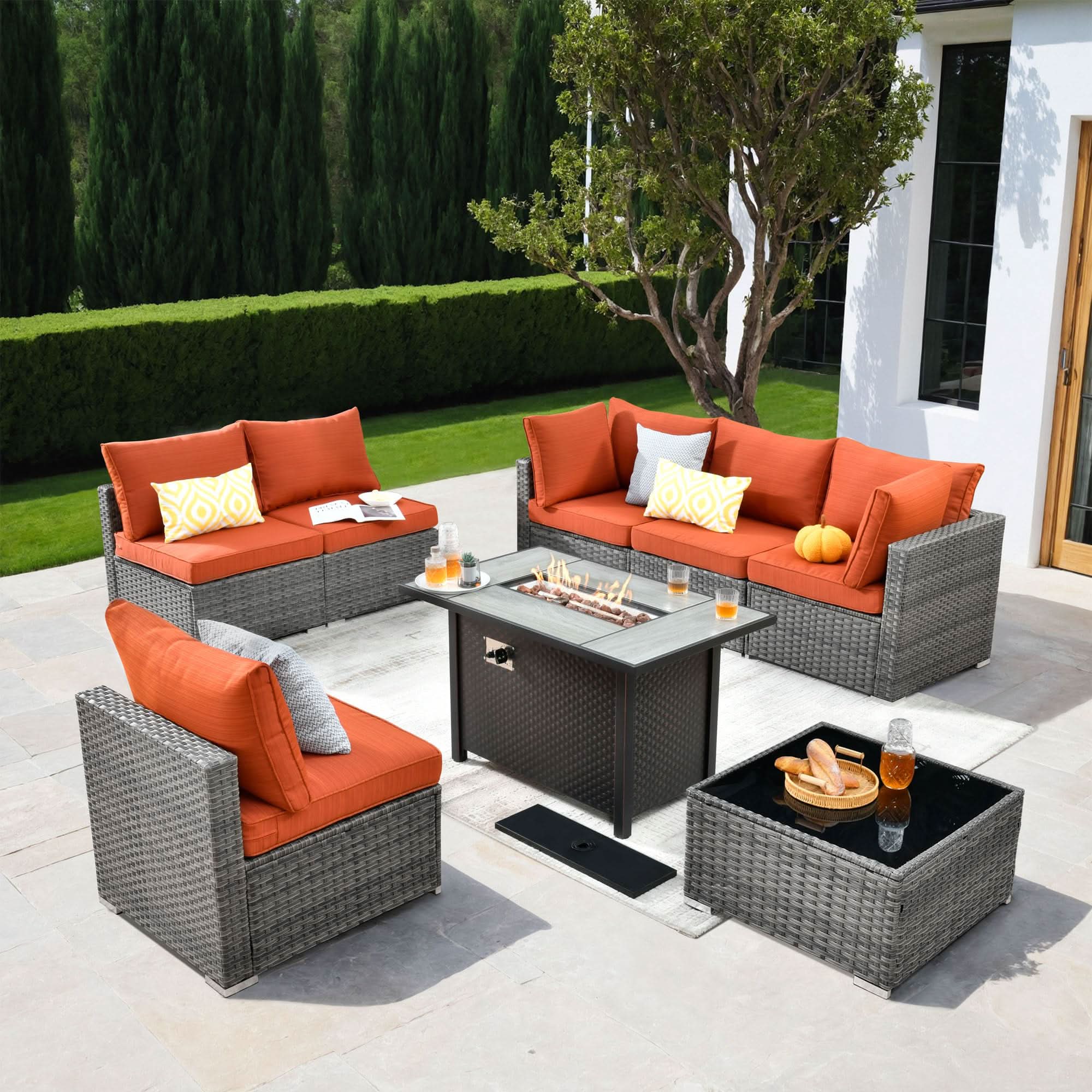 Ovios Outdoor 8 Piece Patio Furniture Set with Fire Pit Table,Conversation Sectional Wicker Couch with Coffee Table