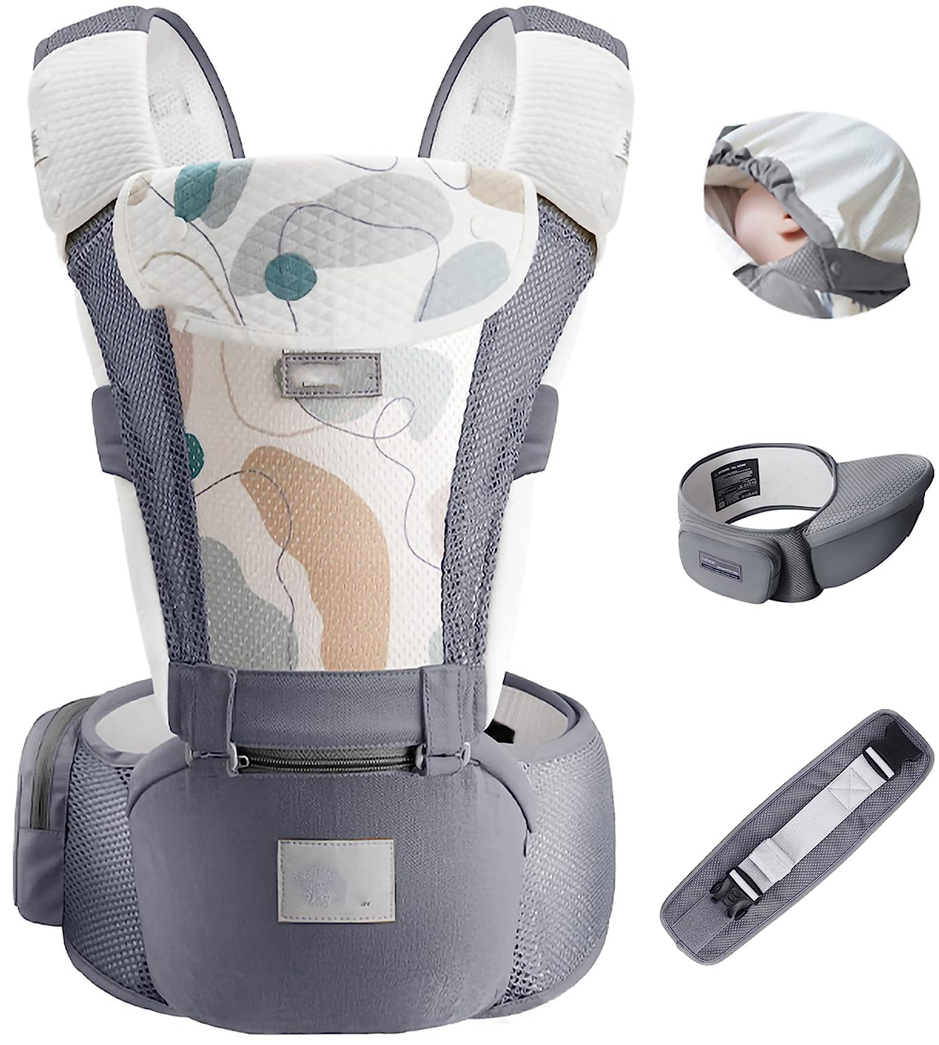 Baby Carrier Newborn to Toddler Baby Hip Carrier with Head Hood,Waist Extender & 3 Pieces Teething Pads (Grey)