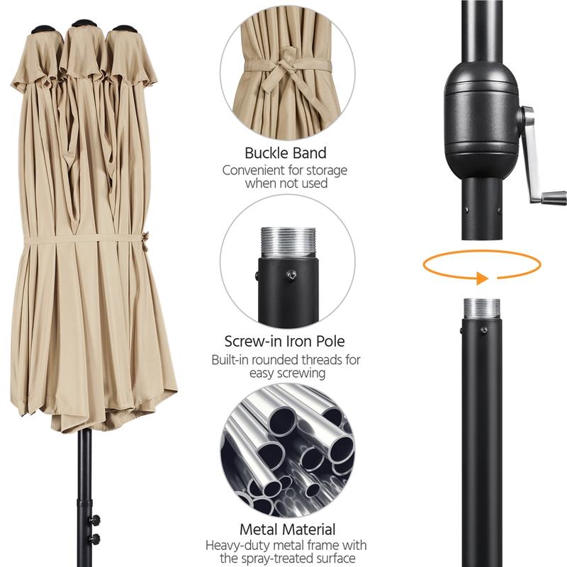 【No Lights】 Yaheetech 15/13ft Large Patio Umbrella Double-Layer Cloth with 12 Ribs, Hand Crank for Easy Opening, 2 Sandbags, Outdoor Design for Garden, Pool, and Lawn
