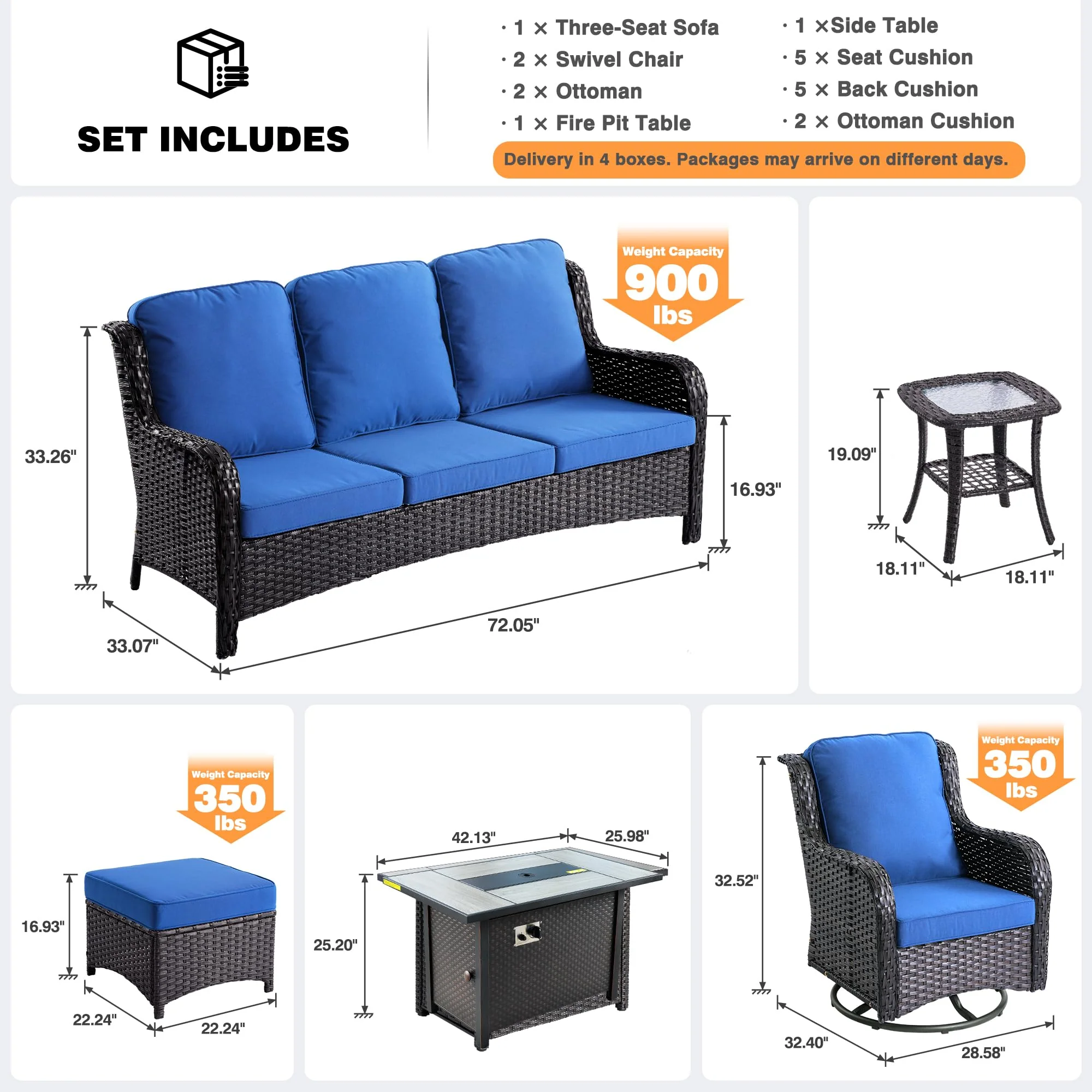 Ovios Outdoor Furniture 7-Piece with 42'' Fire Pit Table and Kenard 2 Rocking Chairs