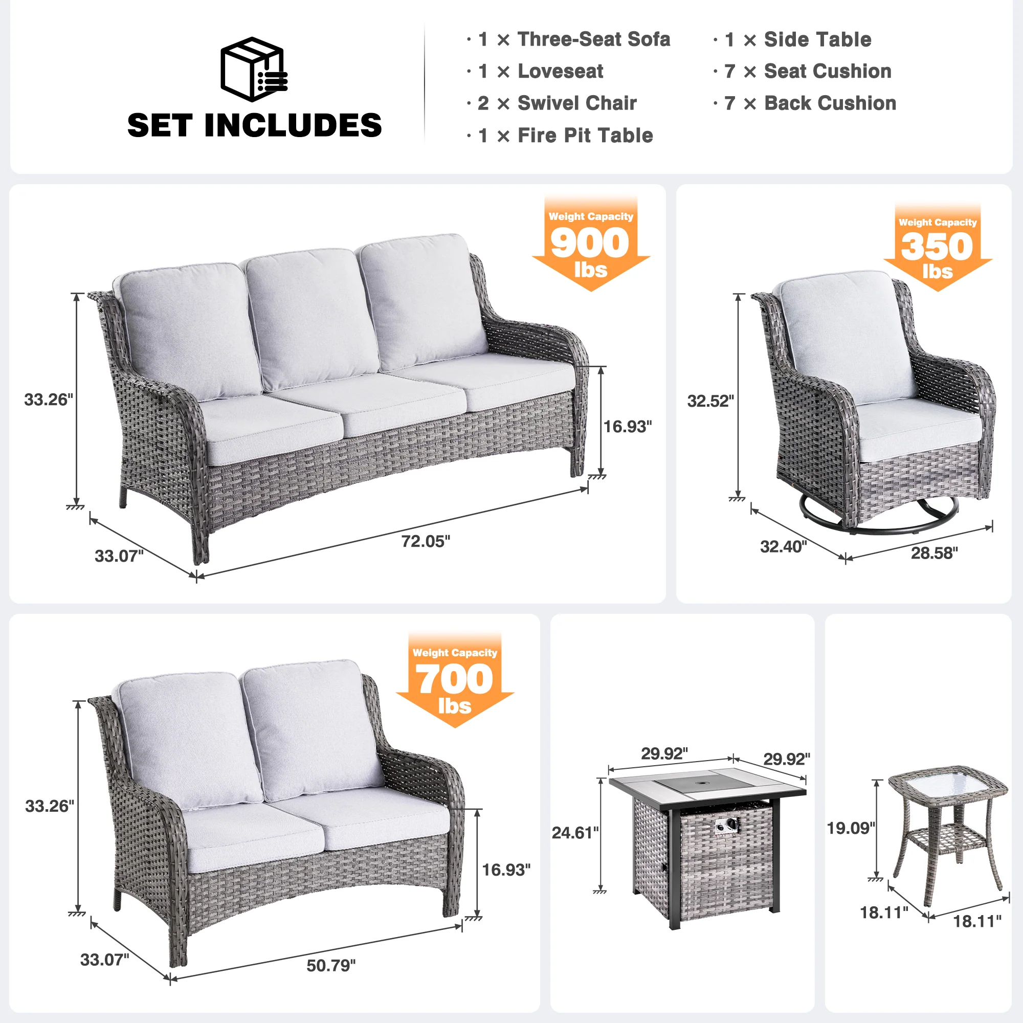 Ovios Patio Kenard 6-Piece Conversation Set with 42'' Rectangle Propane Fire Pit Table and Rocking Chairs