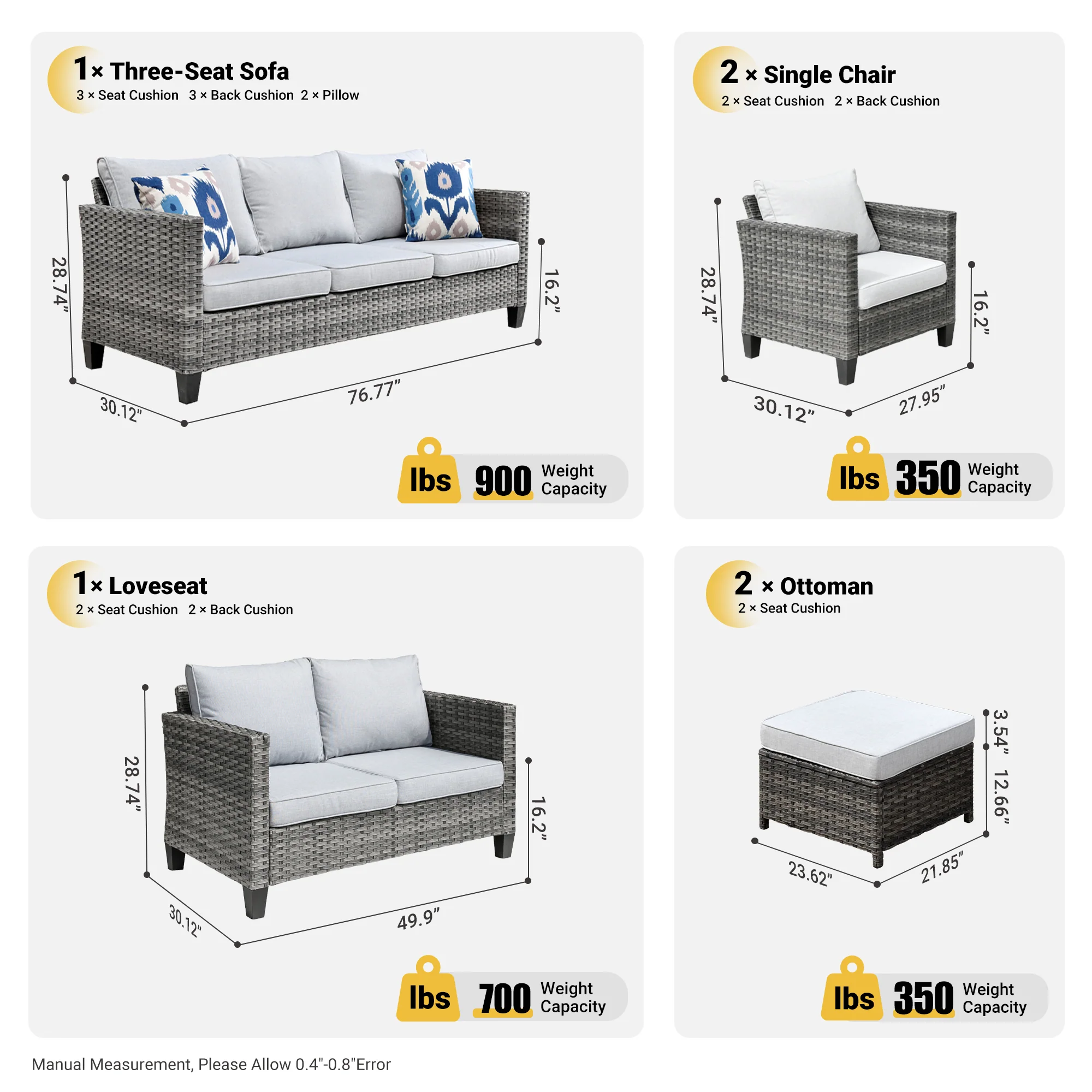 Ovios Patio Furniture Set New Vultros 7-Person High Back Sectional Sofa with Cushions