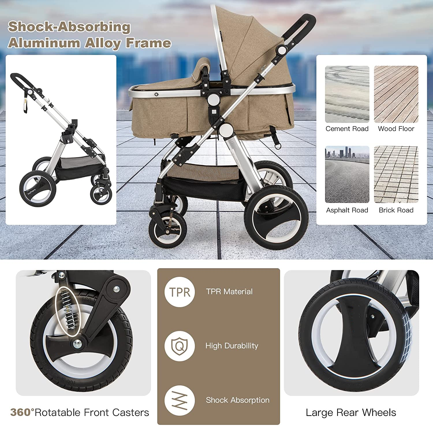 Baby Stroller, 2-in-1 Convertible Bassinet Reclining Stroller, Foldable Pram Carriage with 5-Point Harness, Including Cup Holder, Foot Cover, Diaper Bag, Aluminum Structure, Khaki