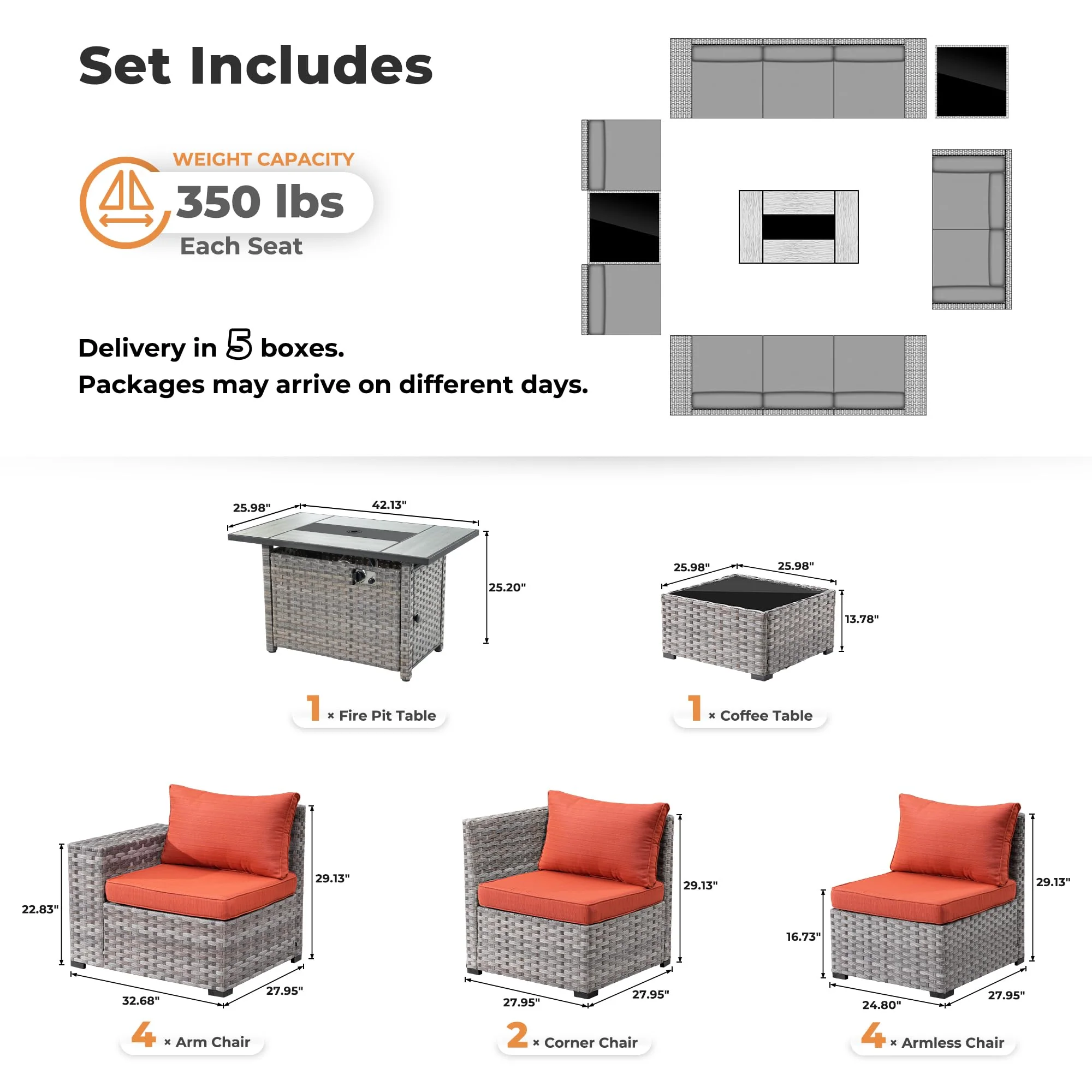 Ovios 13 Pieces Outdoor Furniture with 7.68'' Broad Handrails and Rectangle 42.12'' Fire Pit Table