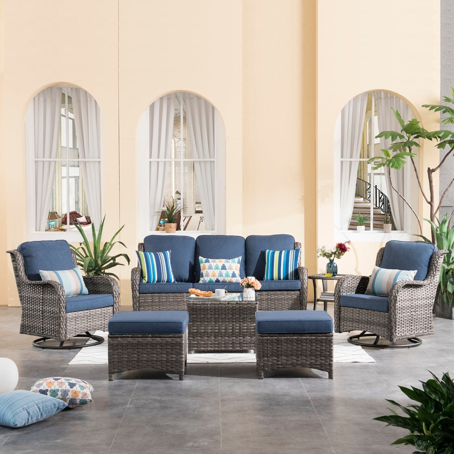 Ovios Patio Conversation Set 7-Piece with Swivel Chairs and Table Kenard