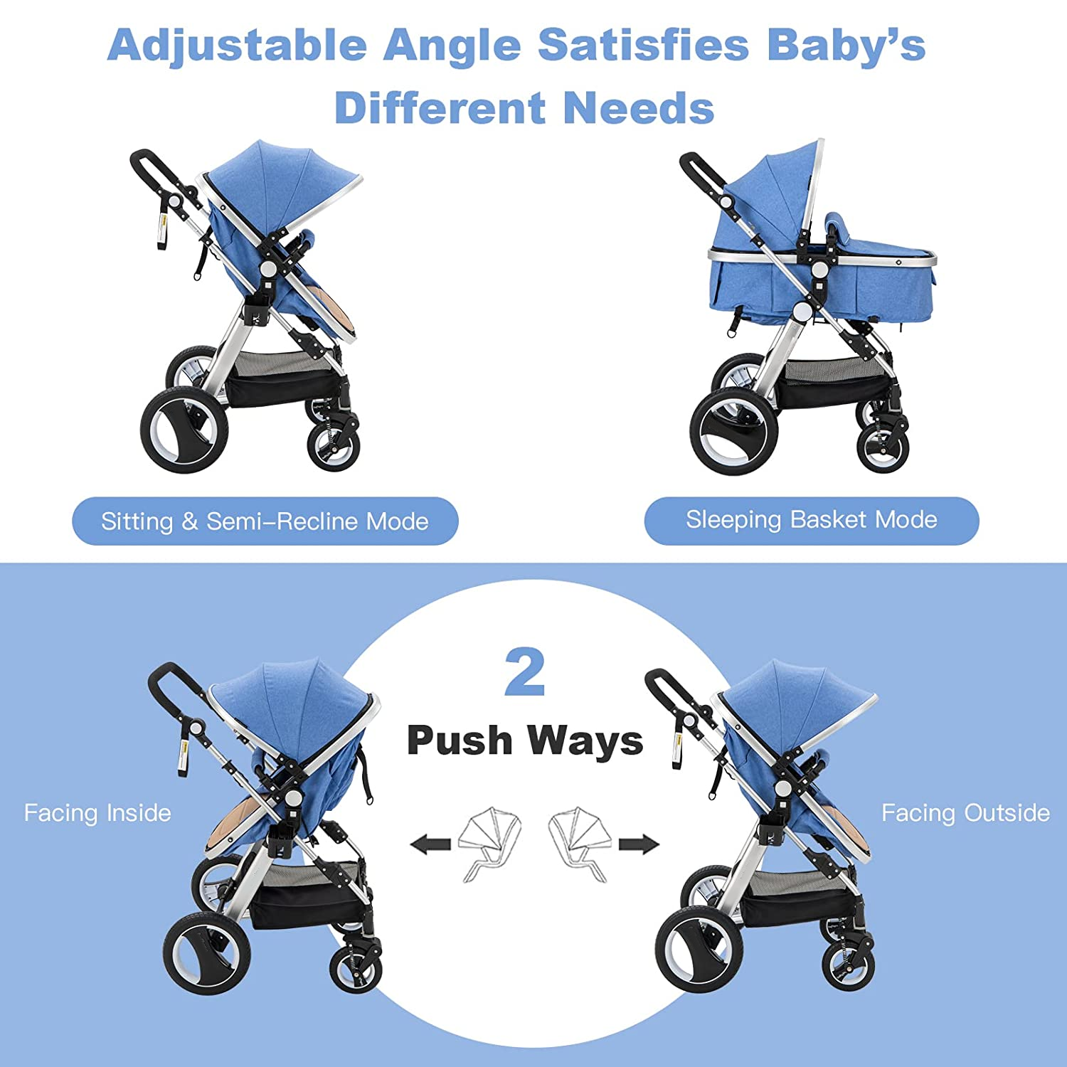 Baby Stroller, 2-in-1 Convertible Bassinet Reclining Stroller, Foldable Pram Carriage with 5-Point Harness, Including Cup Holder, Foot Cover, Diaper Bag, Aluminum Structure, Khaki