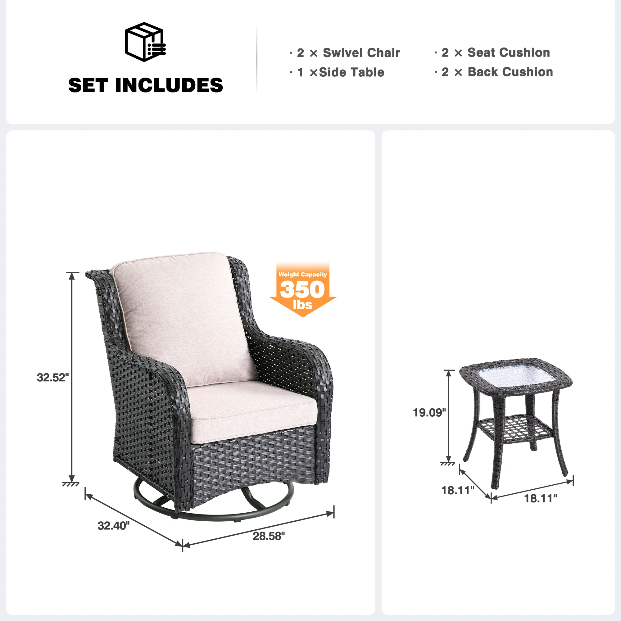 Ovios Patio Furniture Set 3-Piece with Swivel Chairs and Side Table Kenard