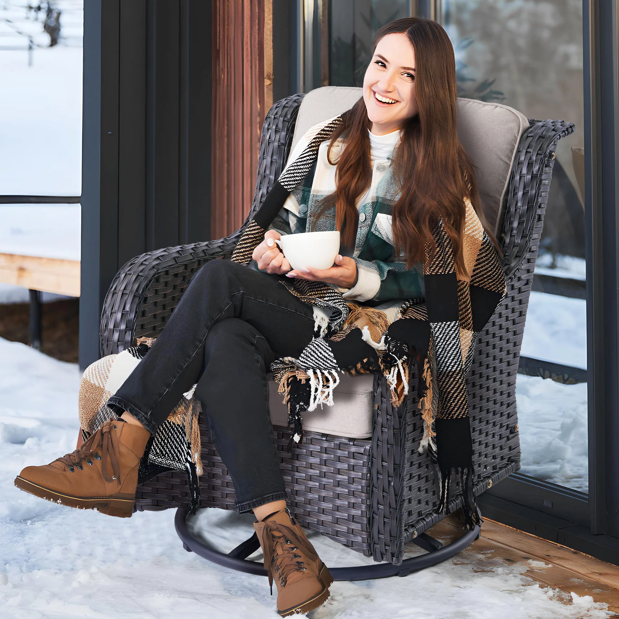 Ovios Patio 7-Piece Conversation Set with 42'' Rectangle Propane Fire Pit Table and Rocking Chairs Kenard