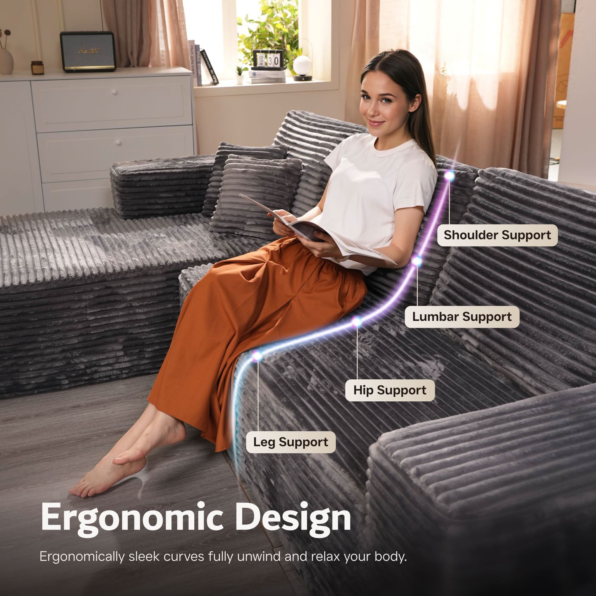 Ovios Cloud Couch U-Shaped,Plush Corduroy Sofa,No Assembly Required