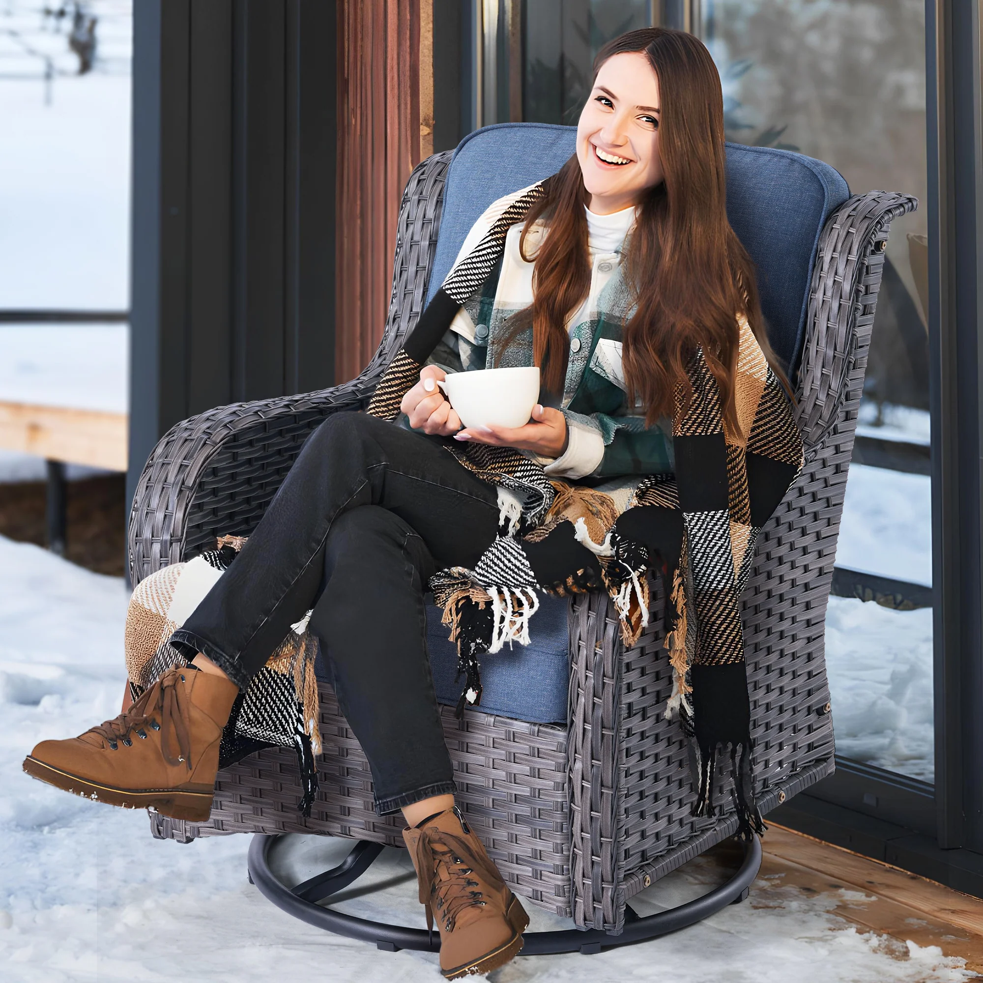 Ovios Patio 7-Piece Conversation Set with 42'' Rectangle Propane Fire Pit Table and Rocking Chairs Kenard