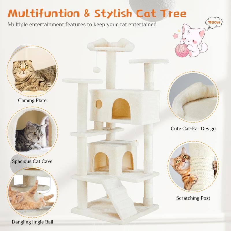 PetTrove Cat Tree Tower for Indoor Cats, 54in Tall Multi-Level Pet Furniture, Stable Kitty Play House with Sisal Scratching Post, Large Condo, Climbing Ladder, Plush Toy for Kitten cat treehouse