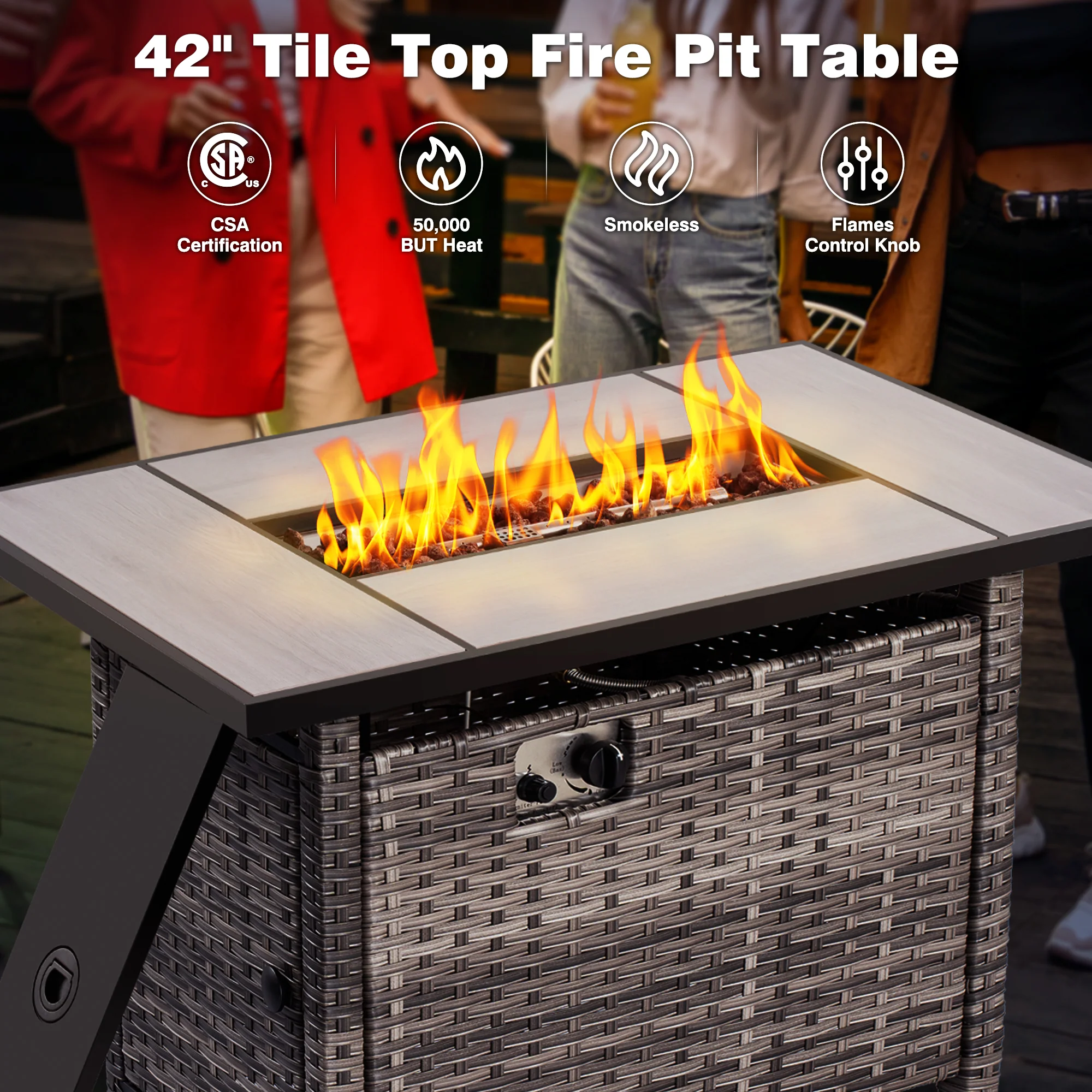 Ovios Patio 7-Piece Conversation Set with 42'' Rectangle Propane Fire Pit Table and Rocking Chairs Kenard