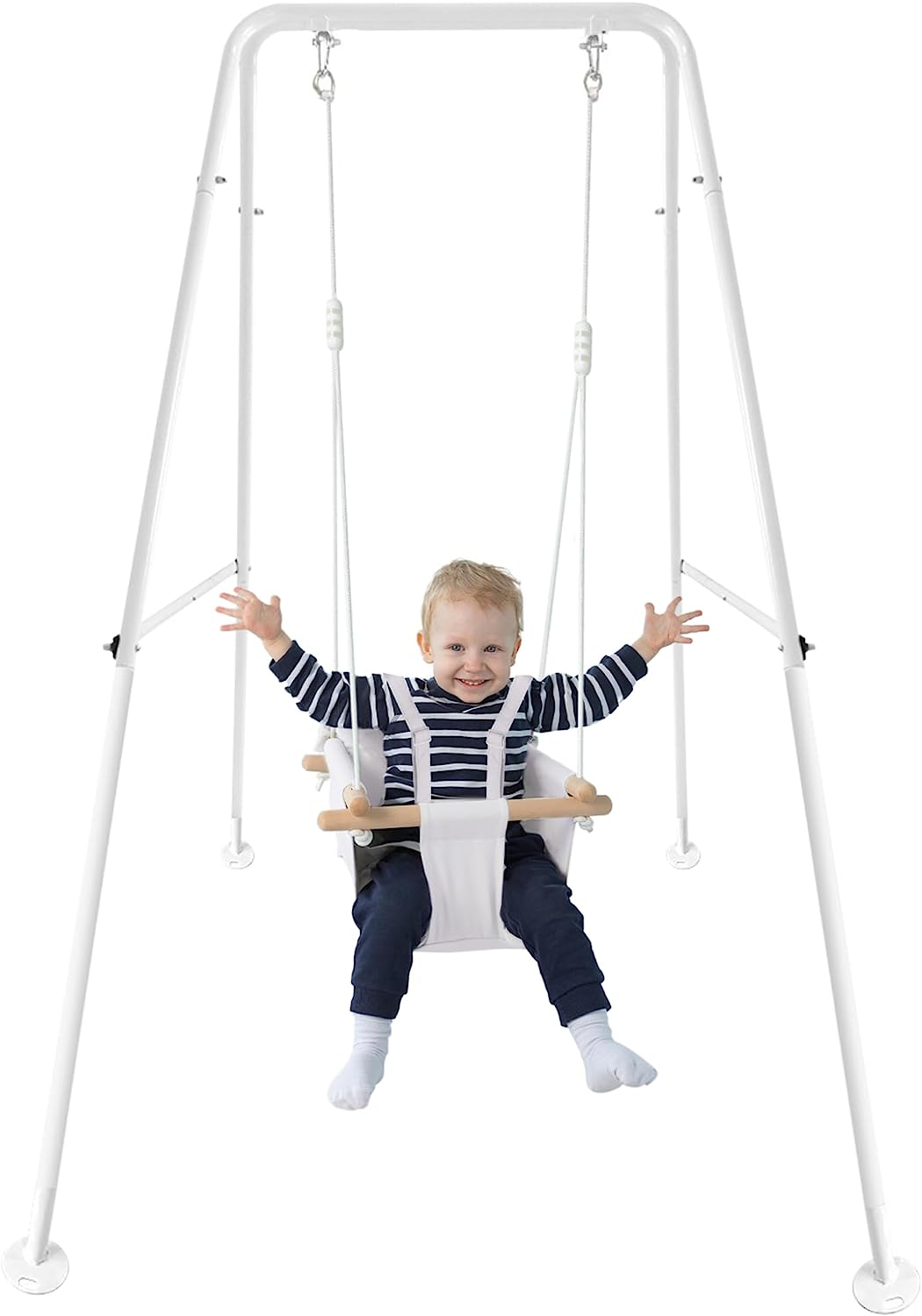 Canvas Baby Swing, Wooden Hanging Swing Seat Chair with Safety Belt, Durable Baby Hammock Chair, Outdoor and Indoor Swing for Kids, Mounting Hardware Included, Ivory