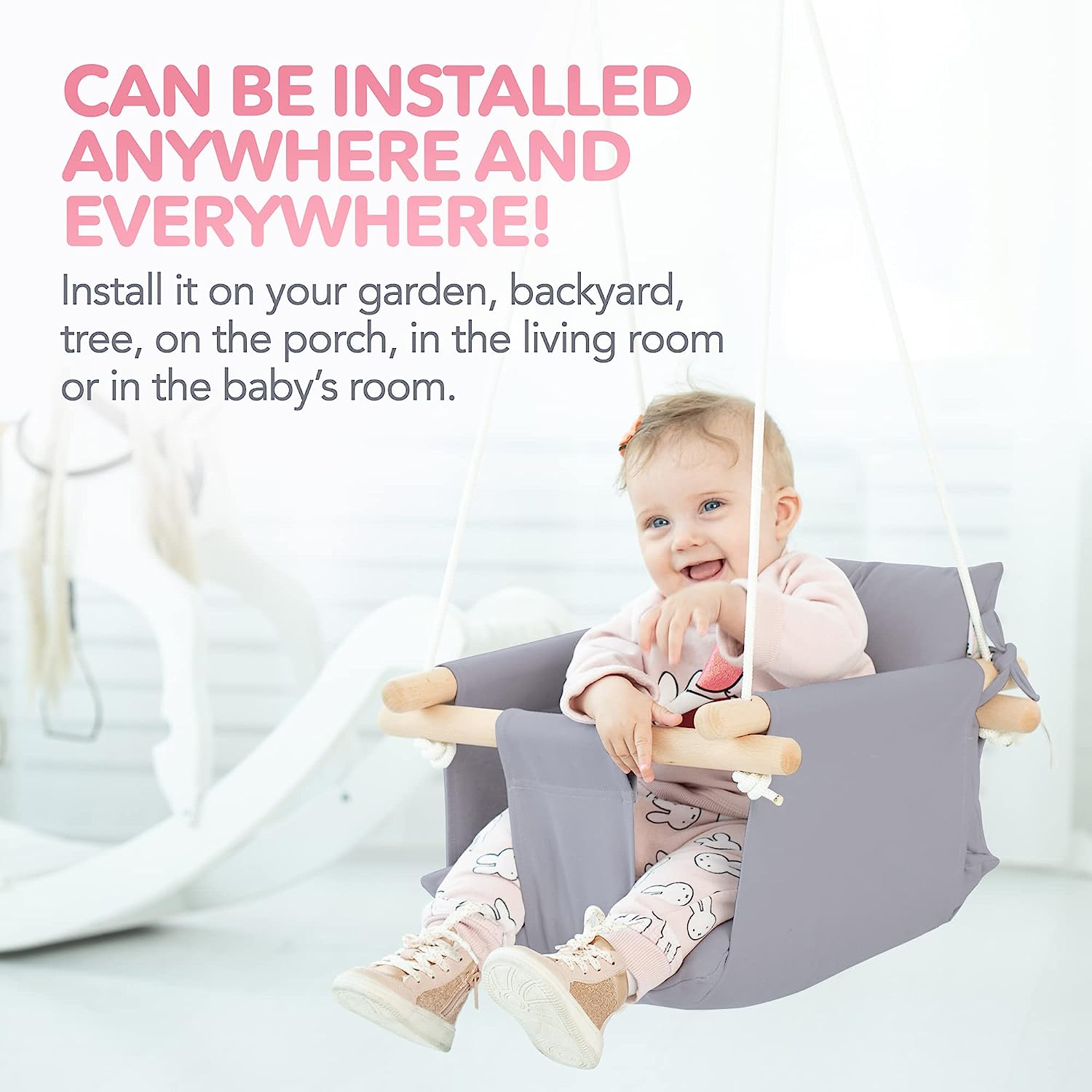 Canvas Baby Swing, Wooden Hanging Swing Seat Chair with Safety Belt, Durable Baby Hammock Chair, Outdoor and Indoor Swing for Kids, Mounting Hardware Included, Ivory