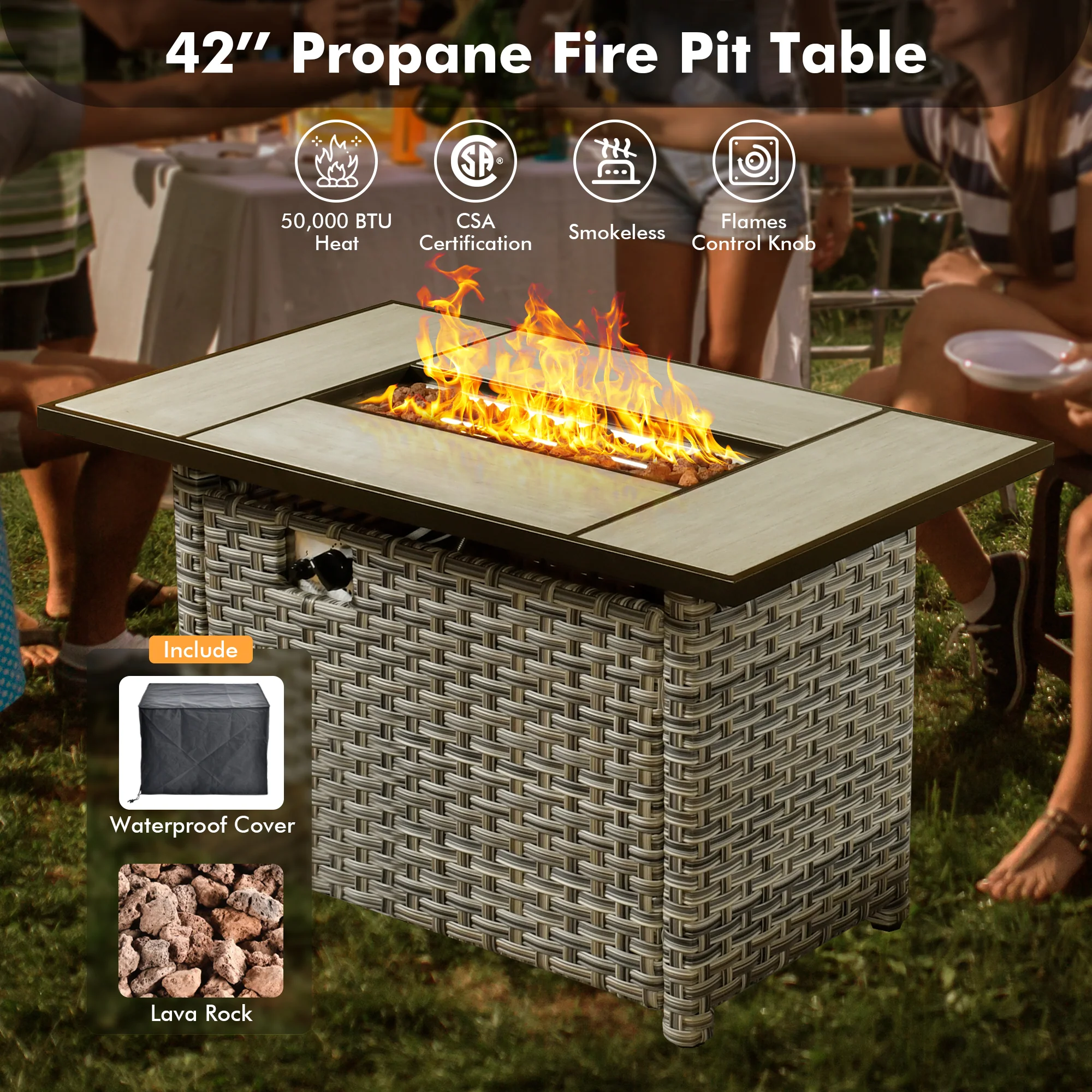 Ovios 42'' Rectangle Propane Fire Pit Table for PAD/SKT/TBS Series