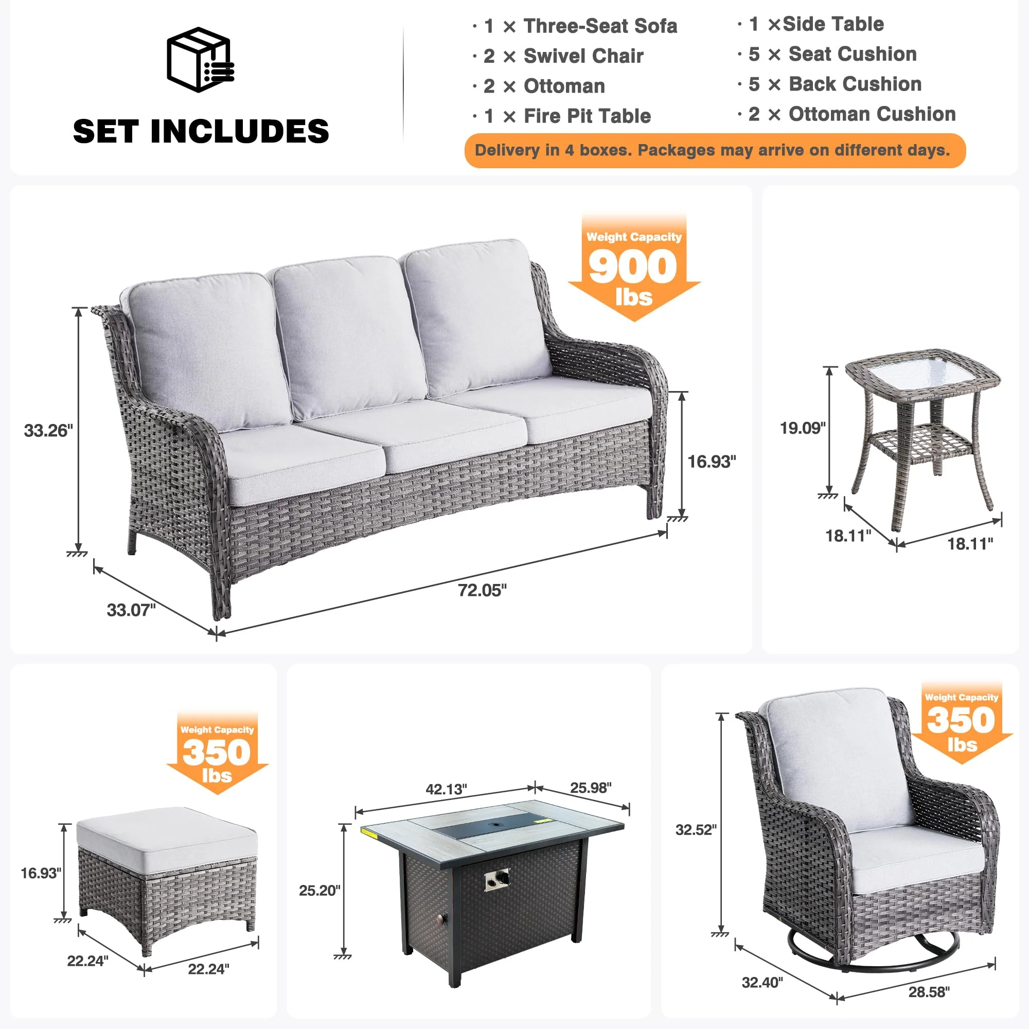 Ovios Outdoor Furniture 7-Piece with 42'' Fire Pit Table and Kenard 2 Rocking Chairs