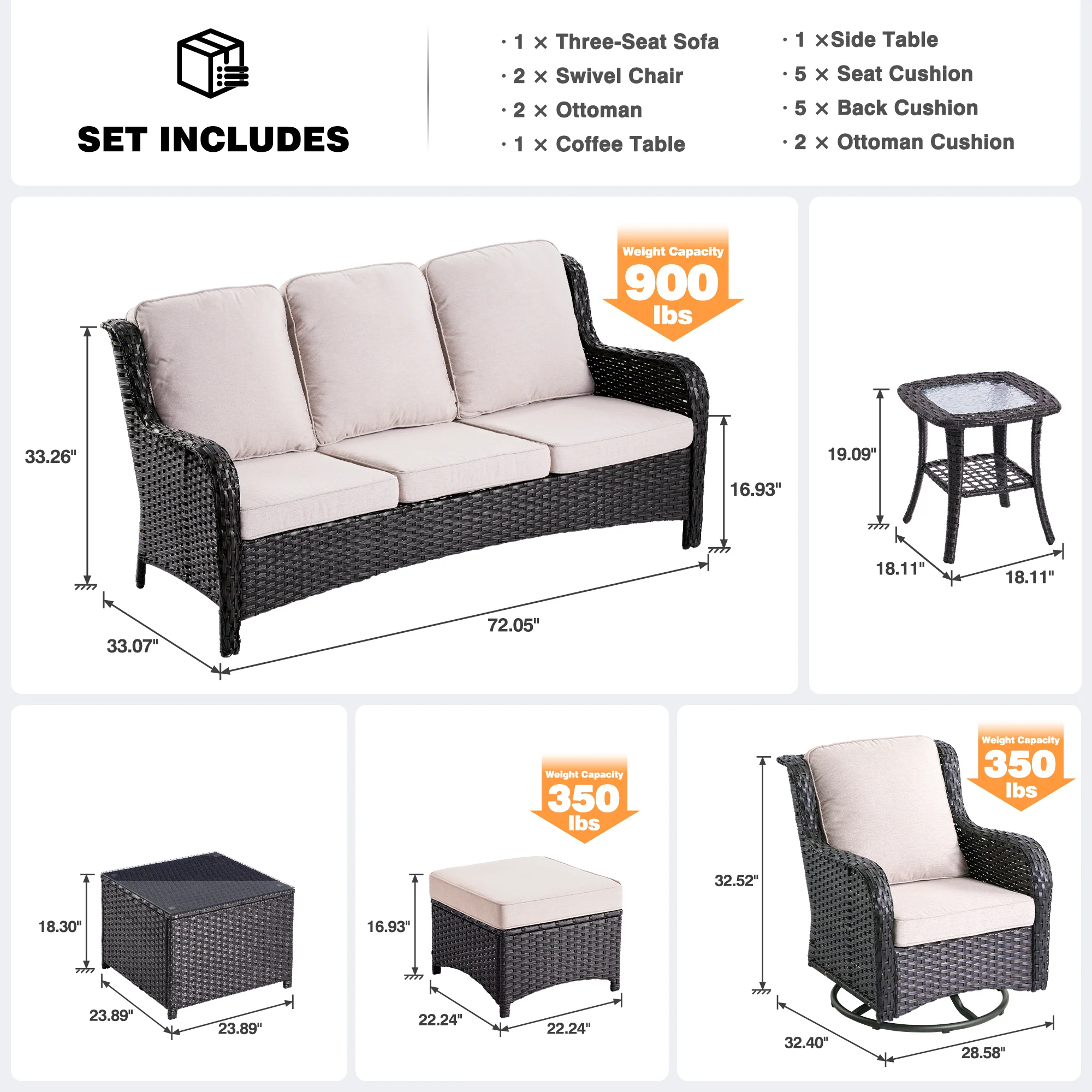 Ovios Patio Conversation Set 7-Piece with Swivel Chairs and Table Kenard