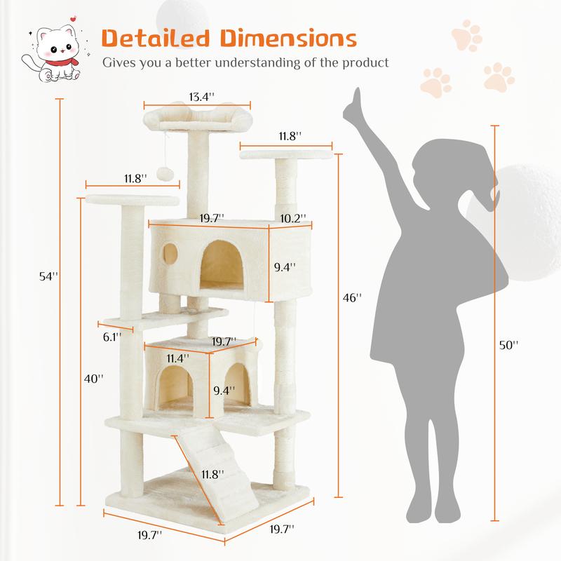 PetTrove Cat Tree Tower for Indoor Cats, 54in Tall Multi-Level Pet Furniture, Stable Kitty Play House with Sisal Scratching Post, Large Condo, Climbing Ladder, Plush Toy for Kitten cat treehouse