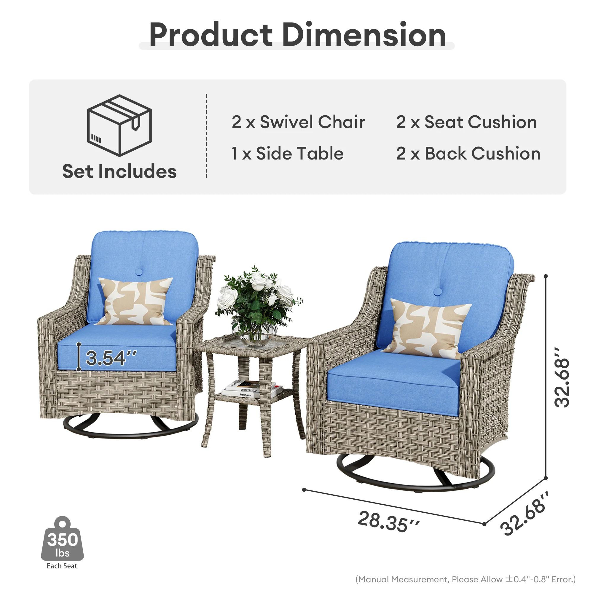 Ovios Conversation Set 3-Piece PAD Series,Swivel Chair