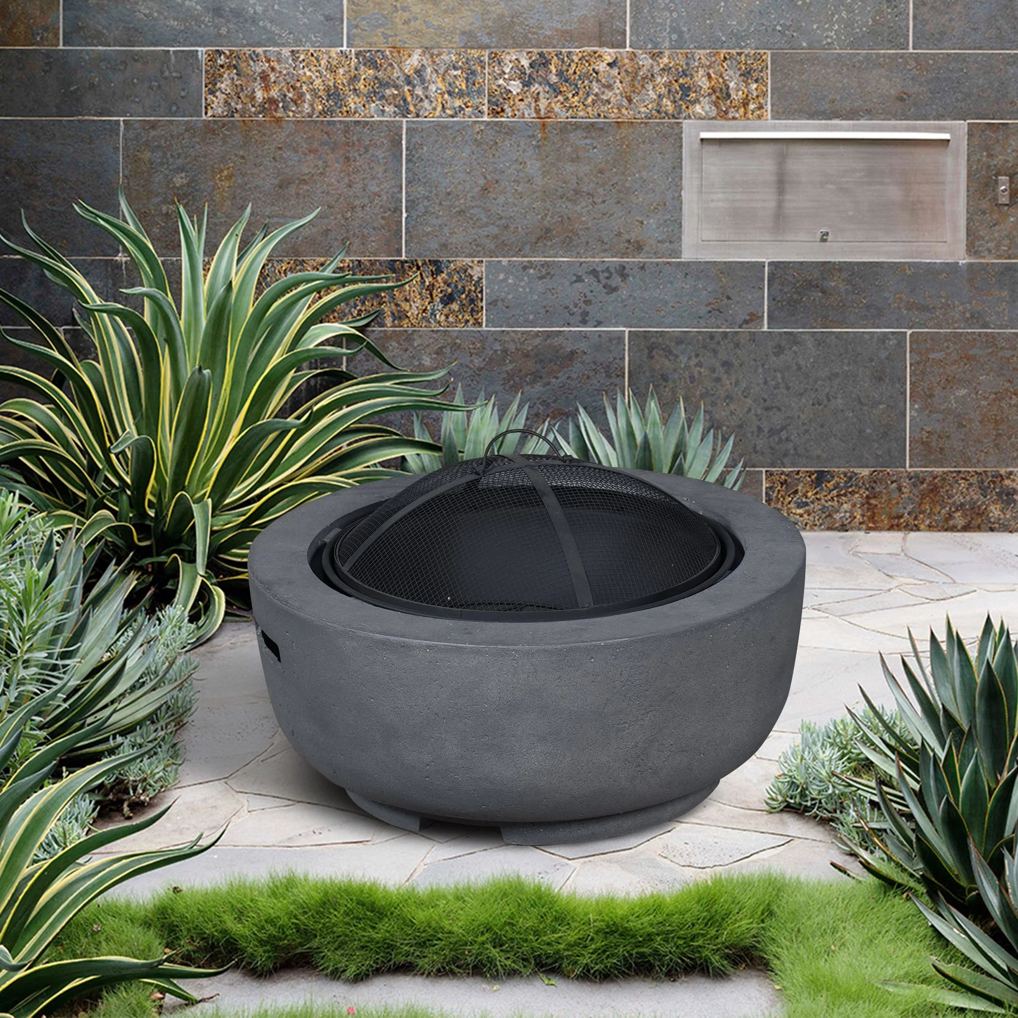 Ovios 23.62'' Round Magnesium Oxide Wood Burning Fire Pit