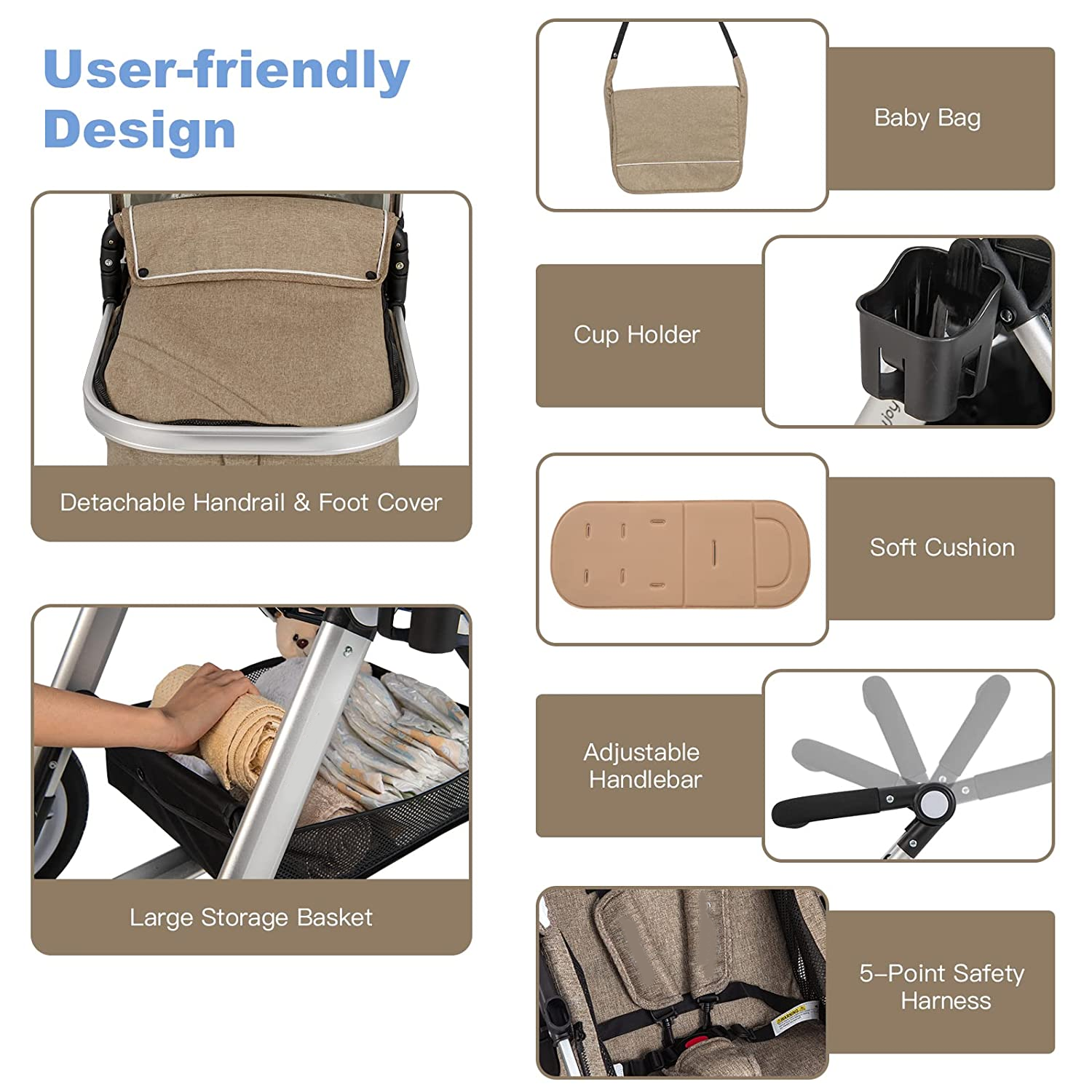 Baby Stroller, 2-in-1 Convertible Bassinet Reclining Stroller, Foldable Pram Carriage with 5-Point Harness, Including Cup Holder, Foot Cover, Diaper Bag, Aluminum Structure, Khaki