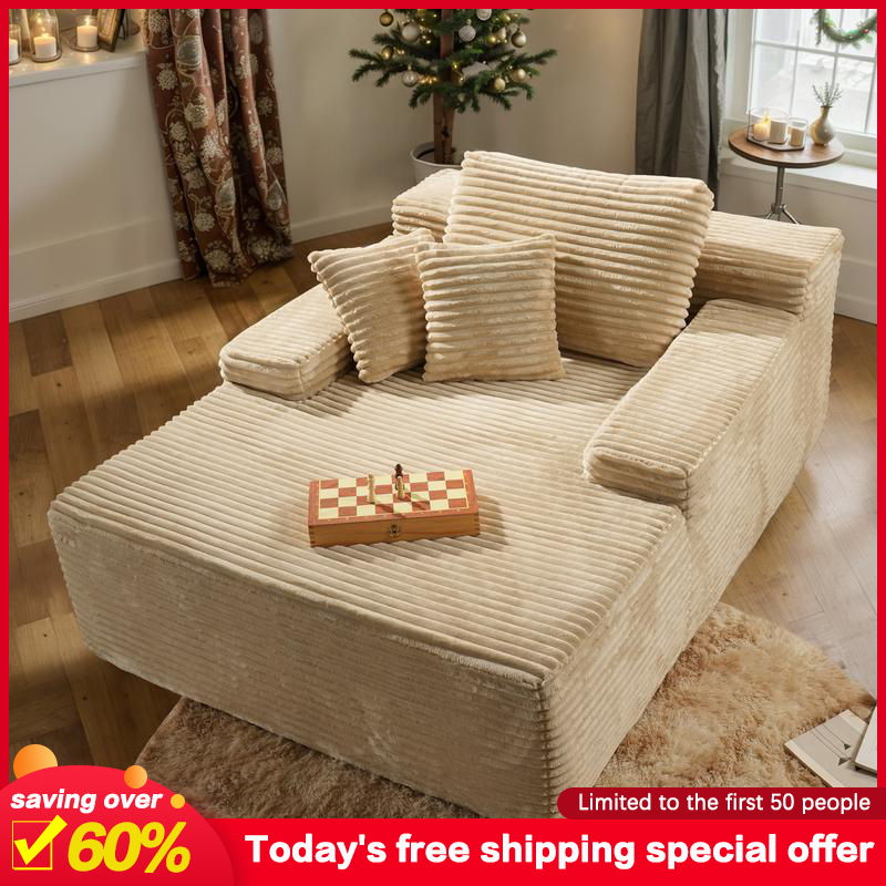Ovios 49'' Boneless Chaise Lounge, Upholstered Sofa Bed with Throw Pillows and Armrests, Indoor Sleeper Chair- Luxurious Plush Corduroy Chair Bed for Living Room - No Assembly Required