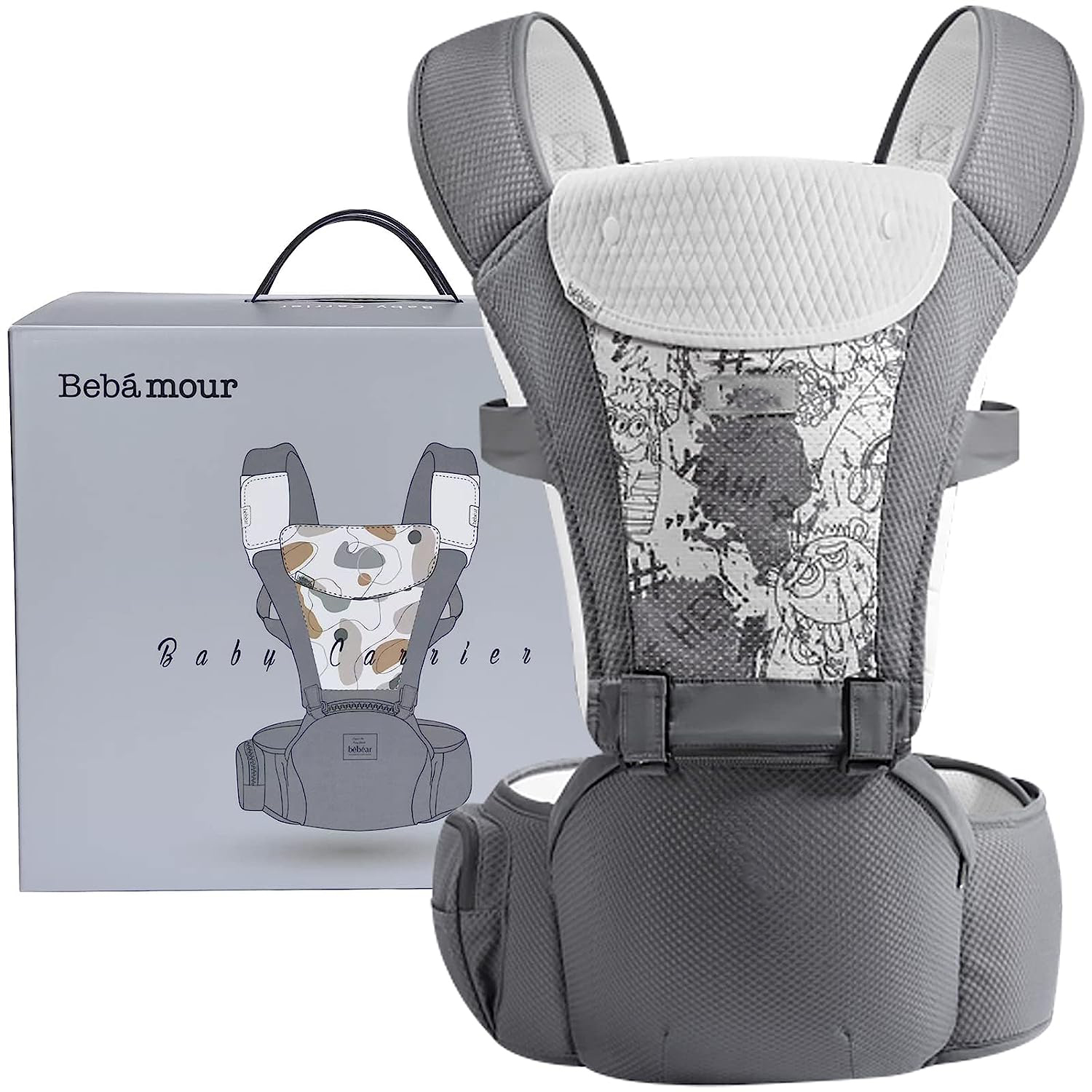 Baby Carrier Newborn to Toddler Baby Hip Carrier with Head Hood,Waist Extender & 3 Pieces Teething Pads (Grey)