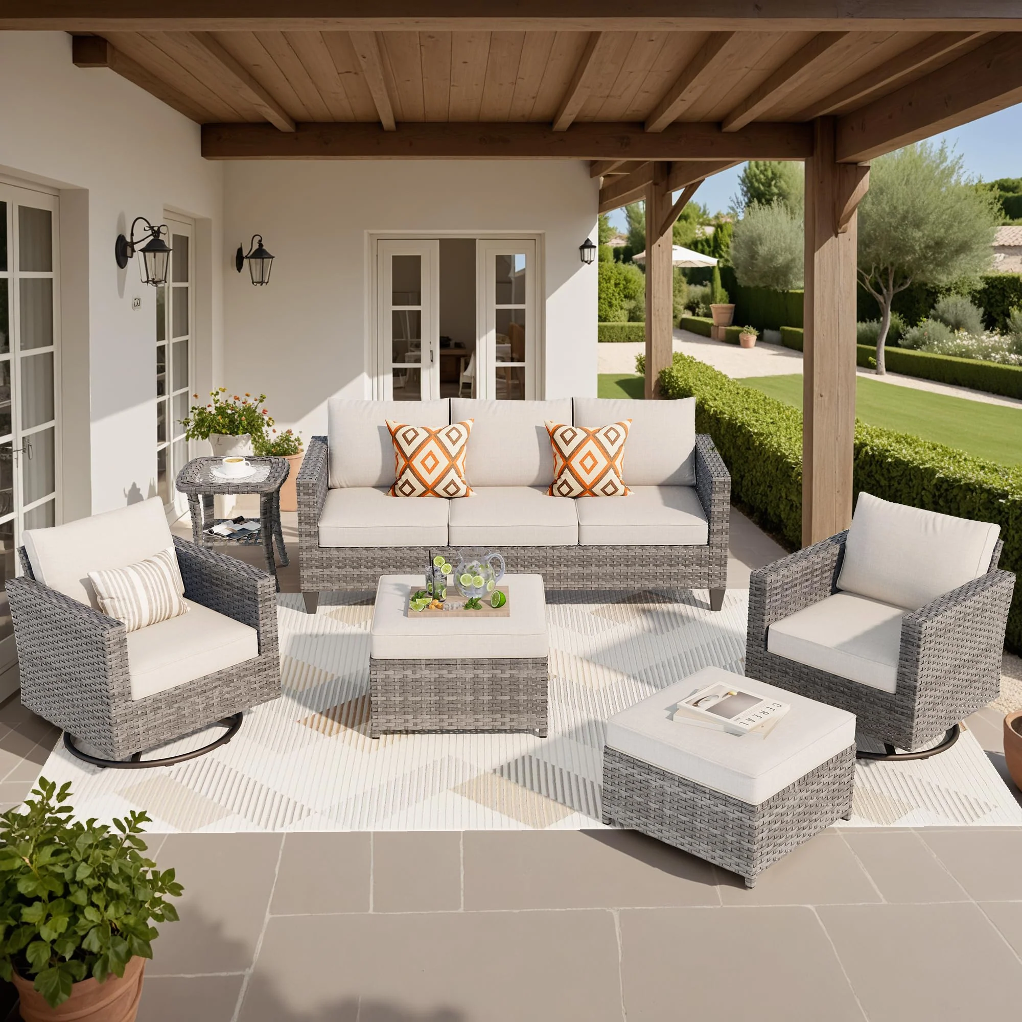 Ovios Patio Furniture Set 6-Piece with Swivel Rocking Chairs and Table