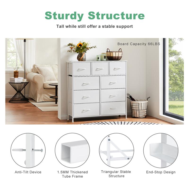 Fabric Storage Tower with 9 Drawers, Bedroom Drawer Dresser Organizer, Chest of Drawers with Fabric Bins, Steel Frame and Wood Top