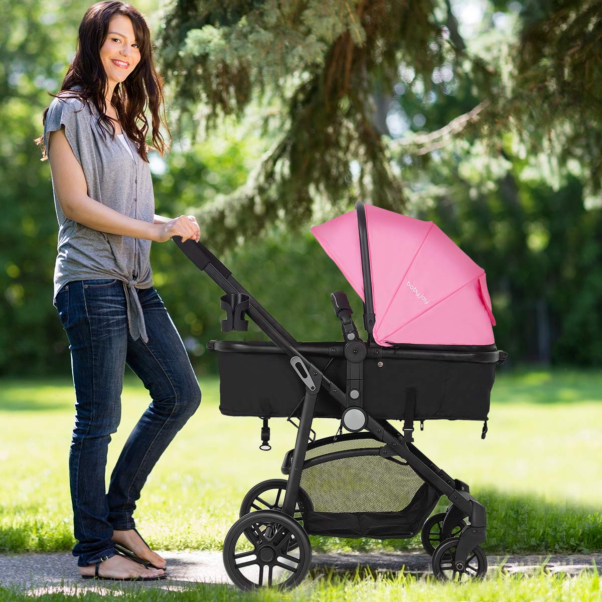 Baby Stroller, High Landscape Convertible Infant Bassinet Stroller, Adjustable Canopy & Backrest, Storage Basket, Cup Holder, Foldable Newborn Carriage Pram Stroller Pink)