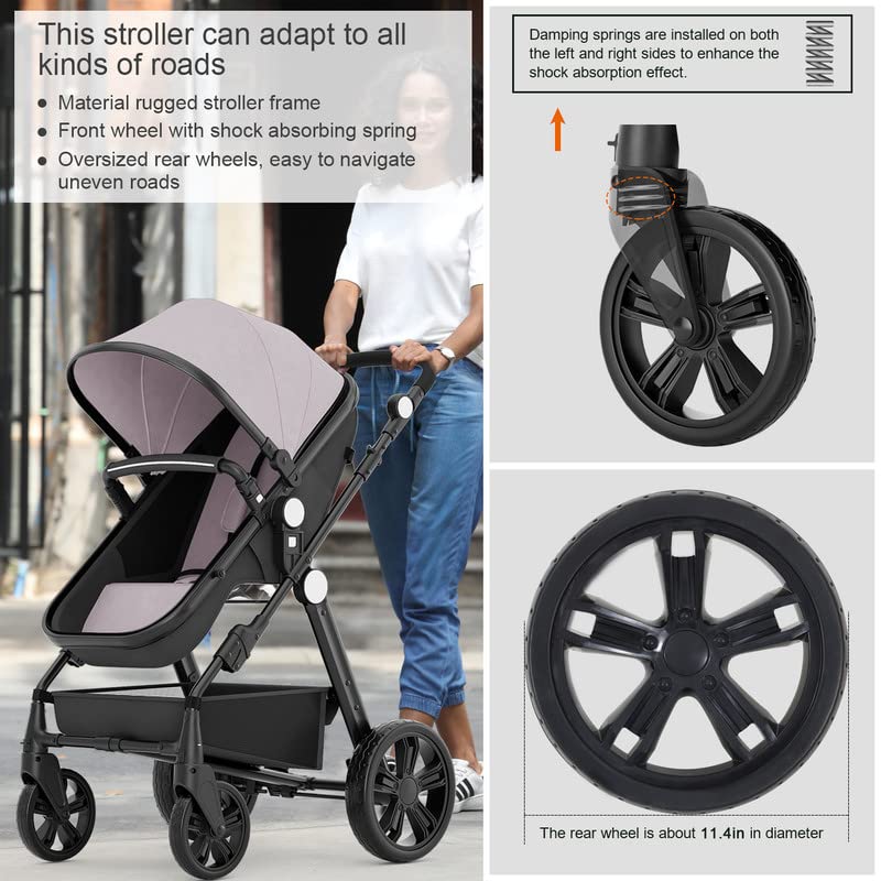 Baby Stroller Newborn Carriage Infant Reversible Bassinet to Luxury Toddler Vista Seat for Boy Girl Compact Single All Terrain Babies Pram Strollers Add Stroller Cover, Cup Holder, Net