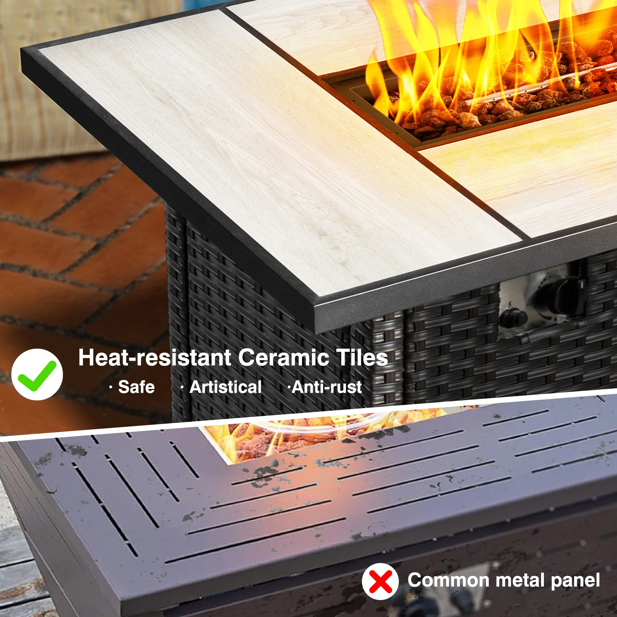 Ovios Patio 7-Piece Conversation Set with 42'' Rectangle Propane Fire Pit Table and Rocking Chairs Kenard