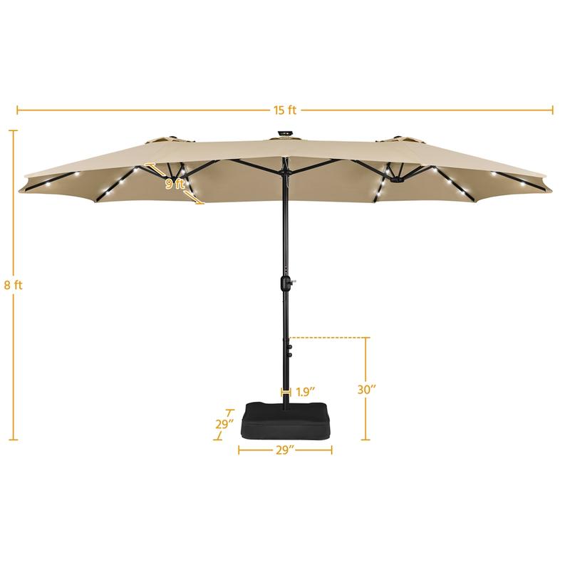 【Solar LED Lights Umbrella】Yaheetech 15/13ft Large Patio Umbrella, Outdoor Double-Sided Rectangle Umbrella with 36 LED Lights & Crank for Patio Garden Pool Lawn Backyard, Base Included
